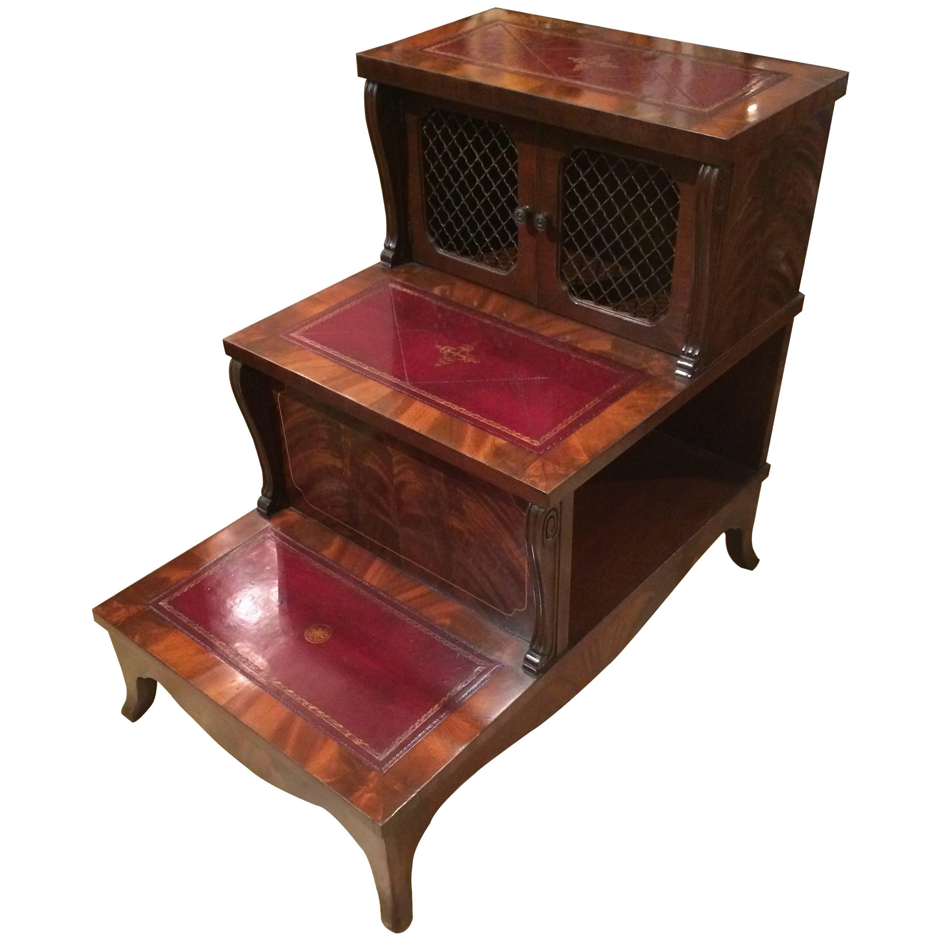 Very Rich Mahogany and Tooled Leather Library Steps End Table