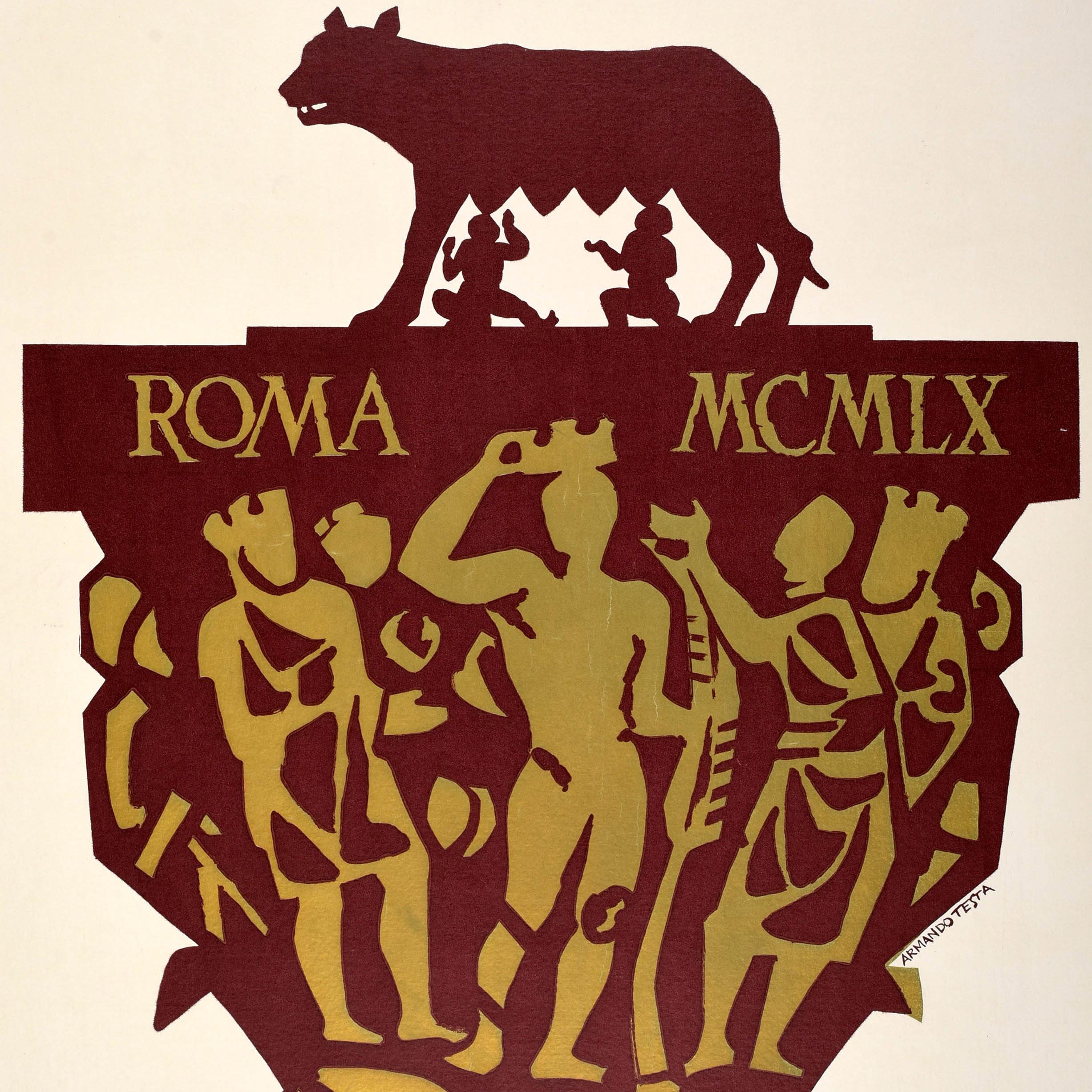 Very scarce original vintage sport poster for the XVII Olympic Games in Rome featuring a great design by Armando Testa (1917-1992) with a Russian text. Design depicts the twin brothers Romulus and Remus being suckled by the Capitoline Wolf (the