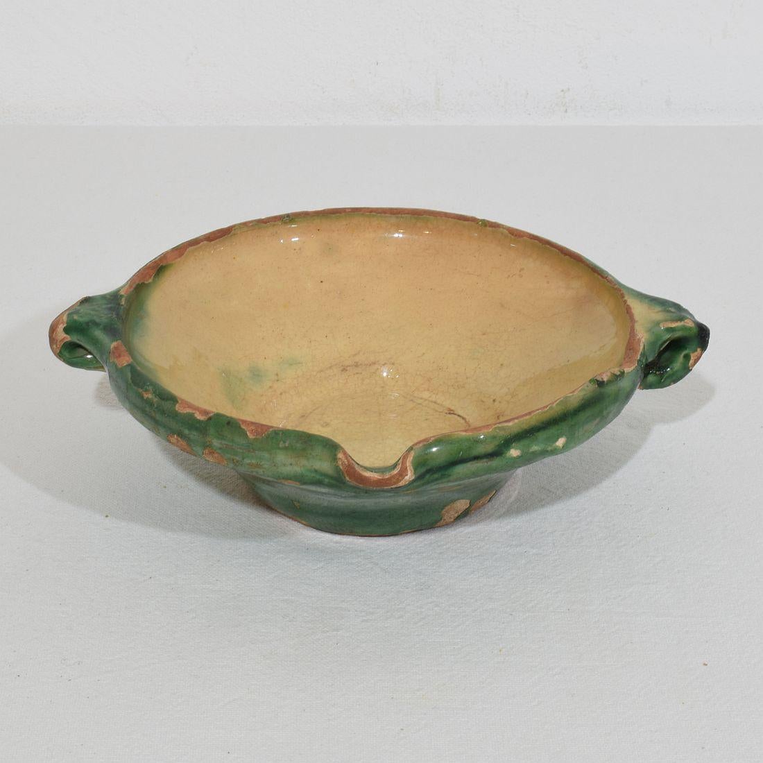 French Provincial Very Small 19th Century French Green Yellow Glazed Terracotta Bowl or Tian For Sale