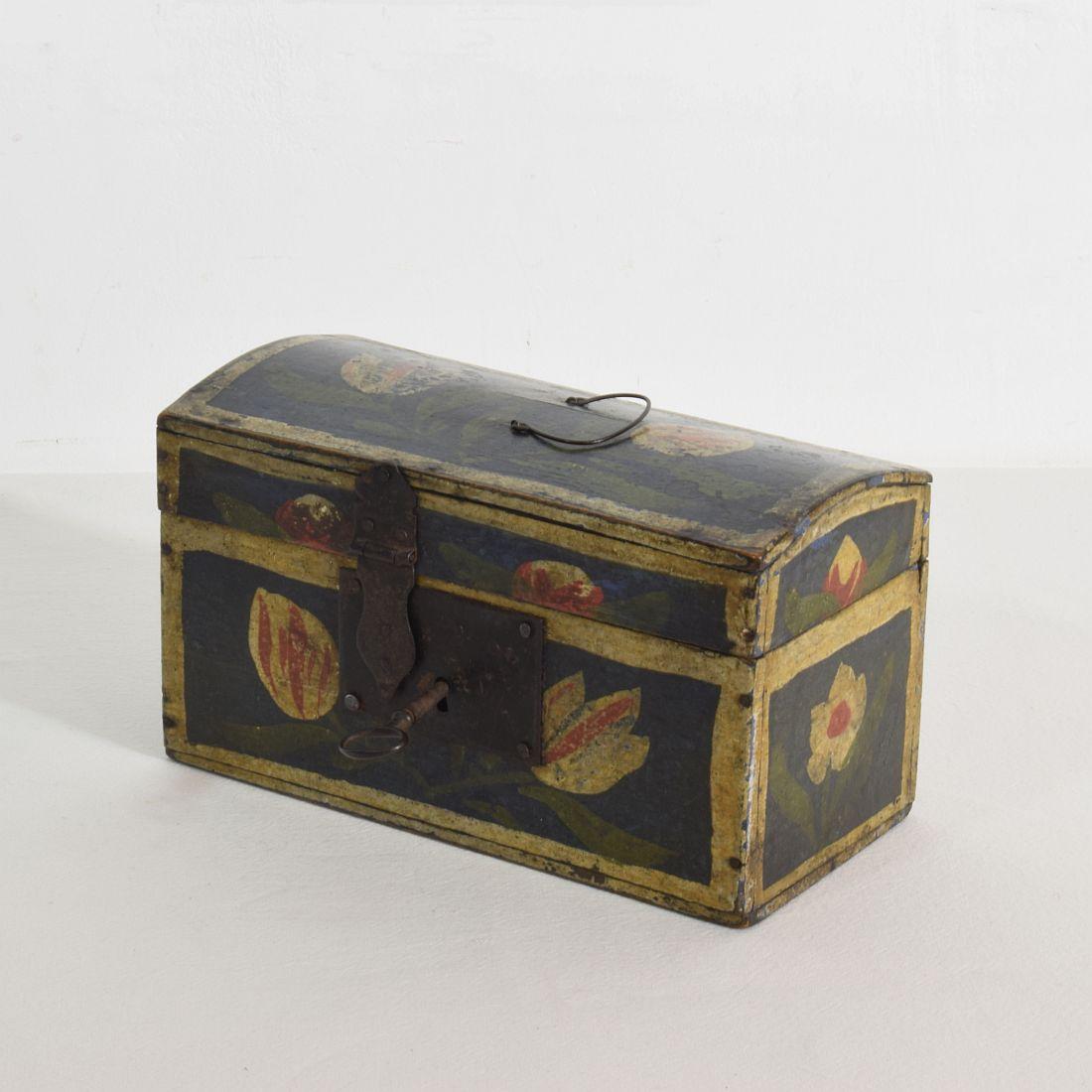 Very small and rare painted wooden Folk Art wedding box with its original decor. With working lock and key.
Normandie, France, circa 1850. Weathered.




 