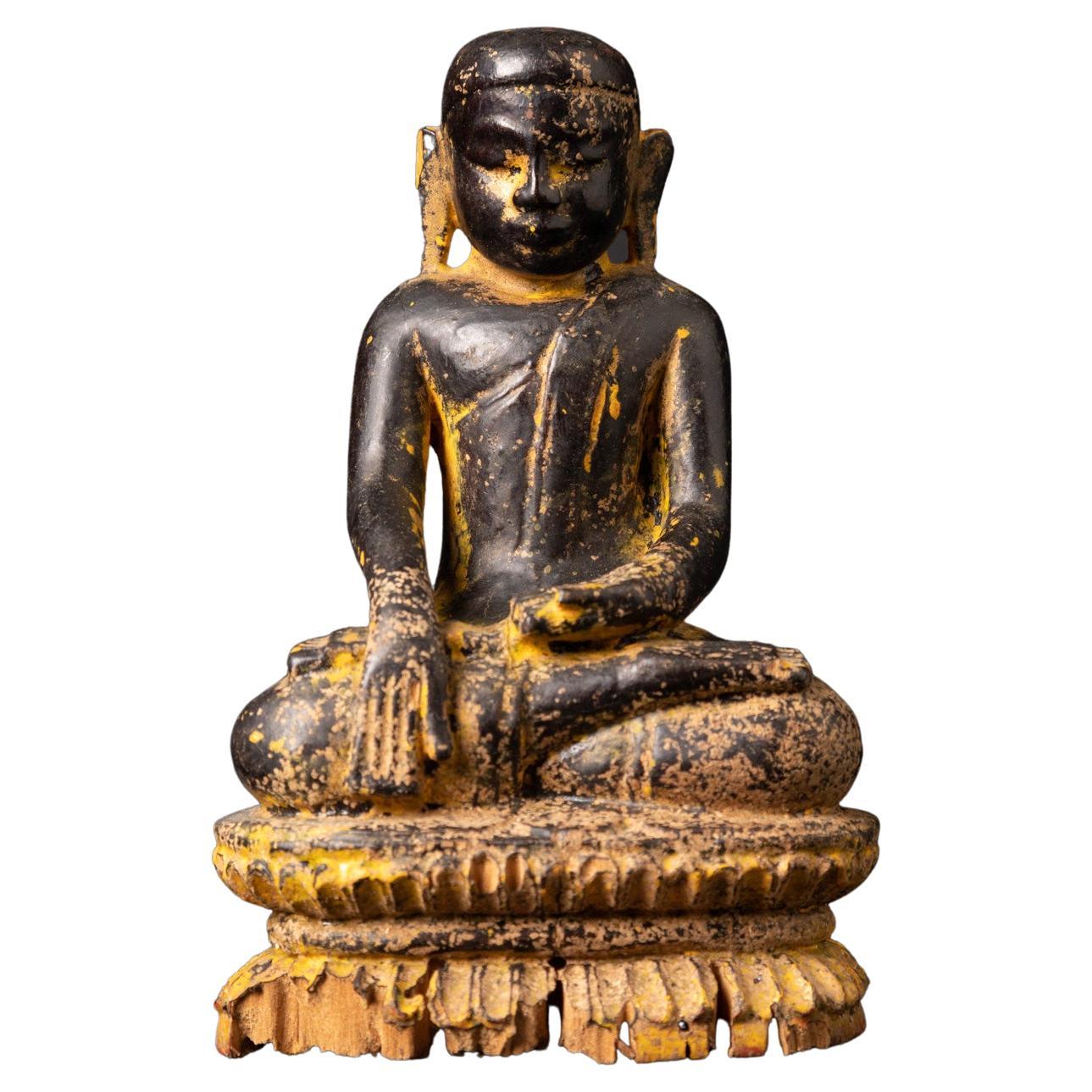 Very special 14th century antique wooden Burmese Monk statue in Bhumisparsha