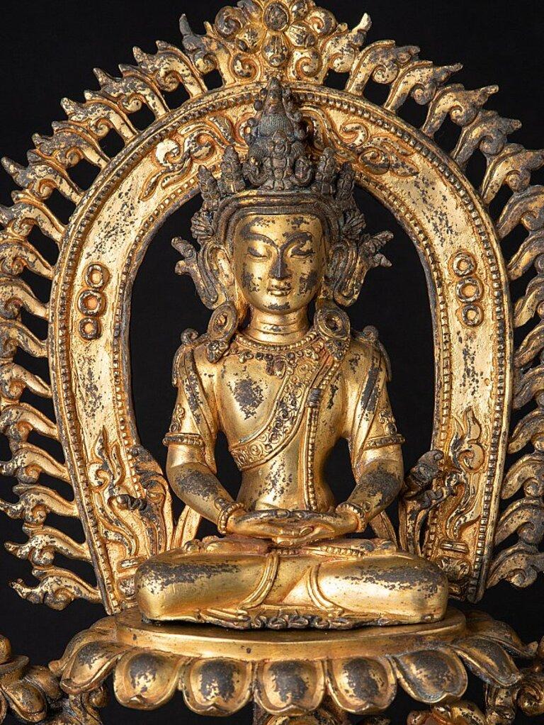 Material: bronze
53,3 cm high 
35,5 cm wide and 18,5 cm deep
Weight: 8.506 kgs
Fire gilded with 24 krt. gold
Dhyana mudra
Originating from Nepal
18th century
With two Bodhisattvas at each side
In excellent condition !
 