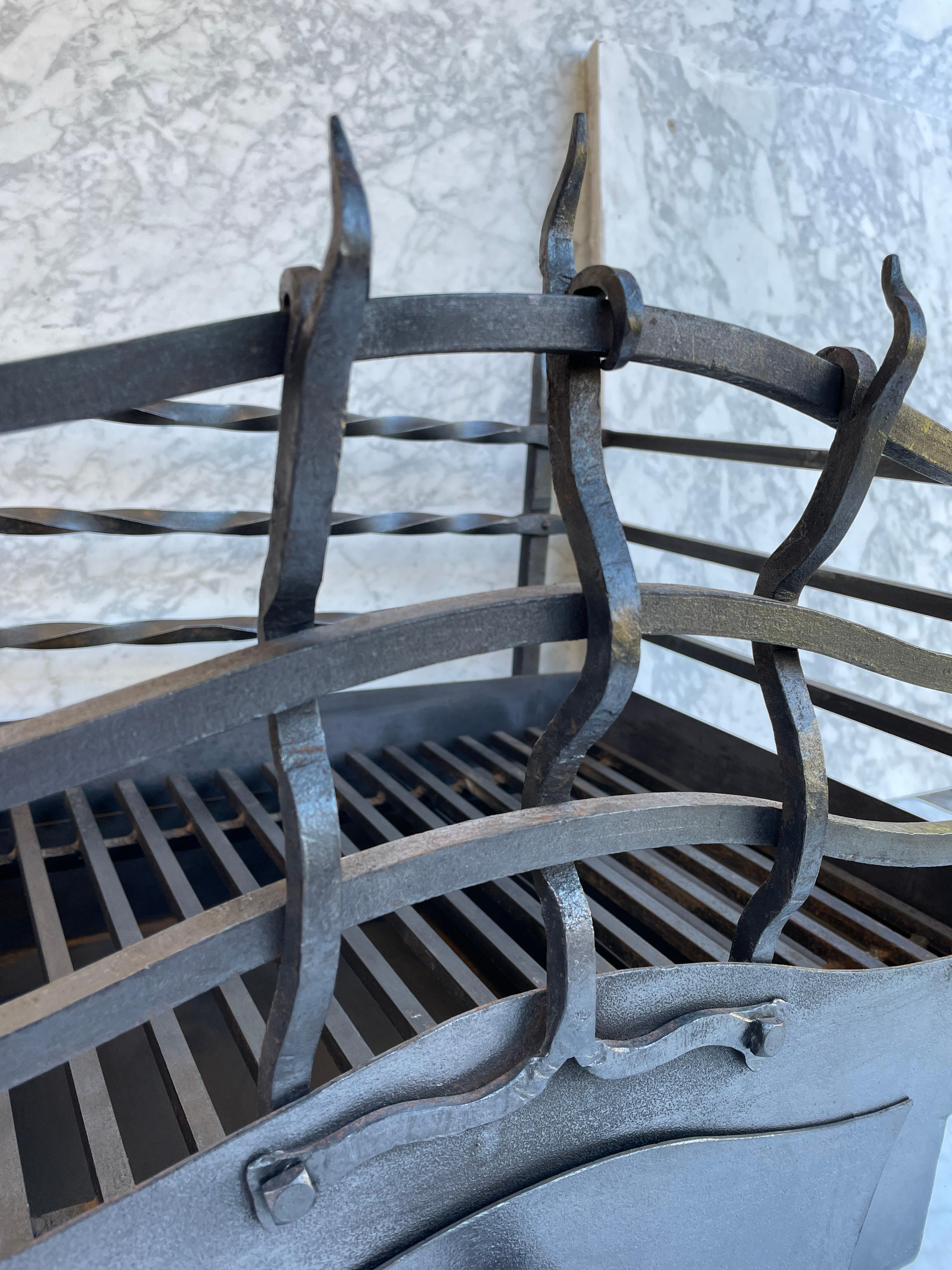 Wrought Iron Very Special Arts and Craft Movement Antique Fireplace Grate or Basket For Sale