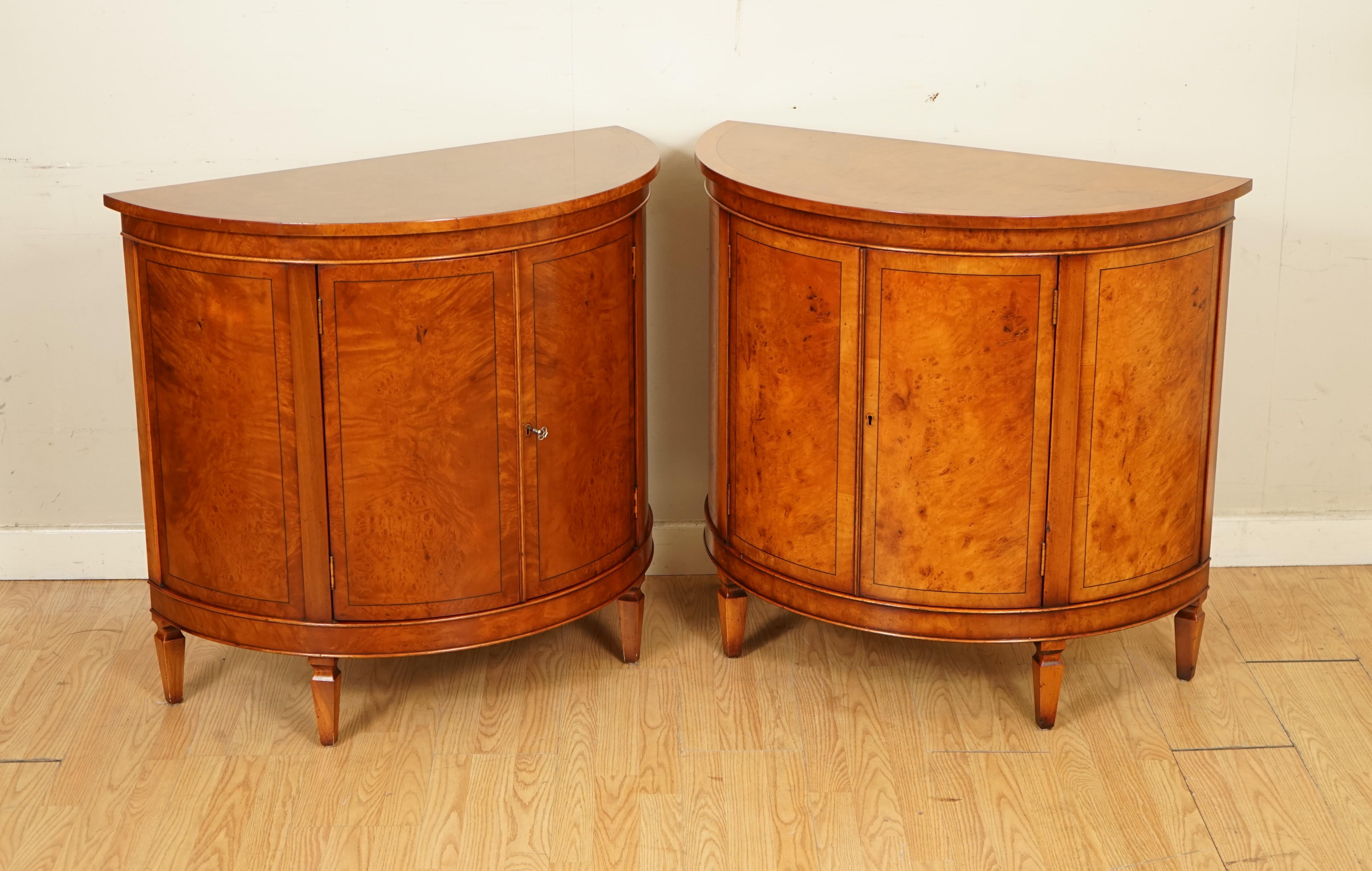 We are so excited to present to you this Beautiful Matched Pair Burr Walnut Demi Lune Cabinets.

We have lightly restored this by giving it a hand clean all over, hand waxed and hand polished. 

Please carefully look at the pictures to see the