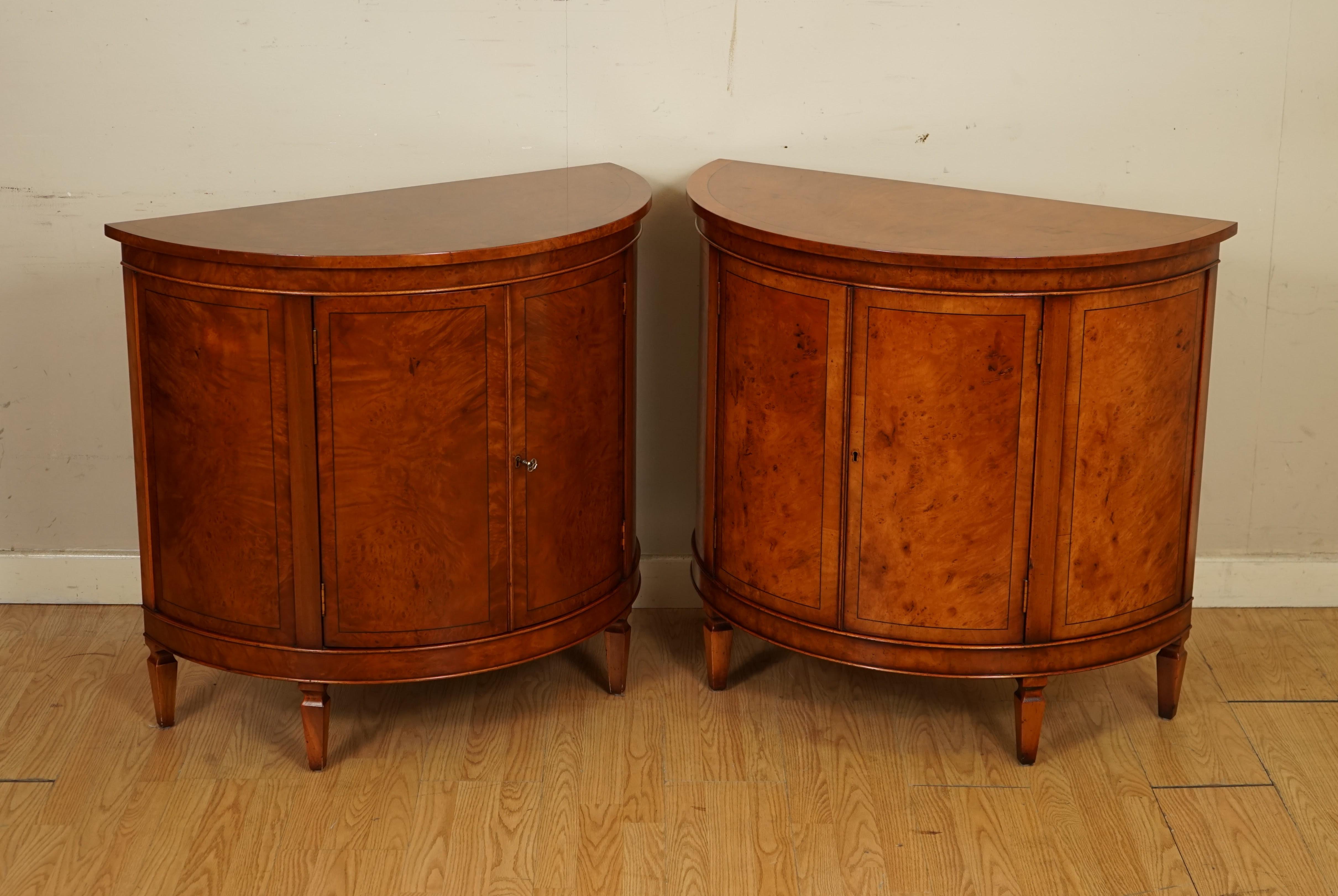 British Very Stunning Matched Pair of Demi Lune Burr Walnut Sideboard Cabinet End Table