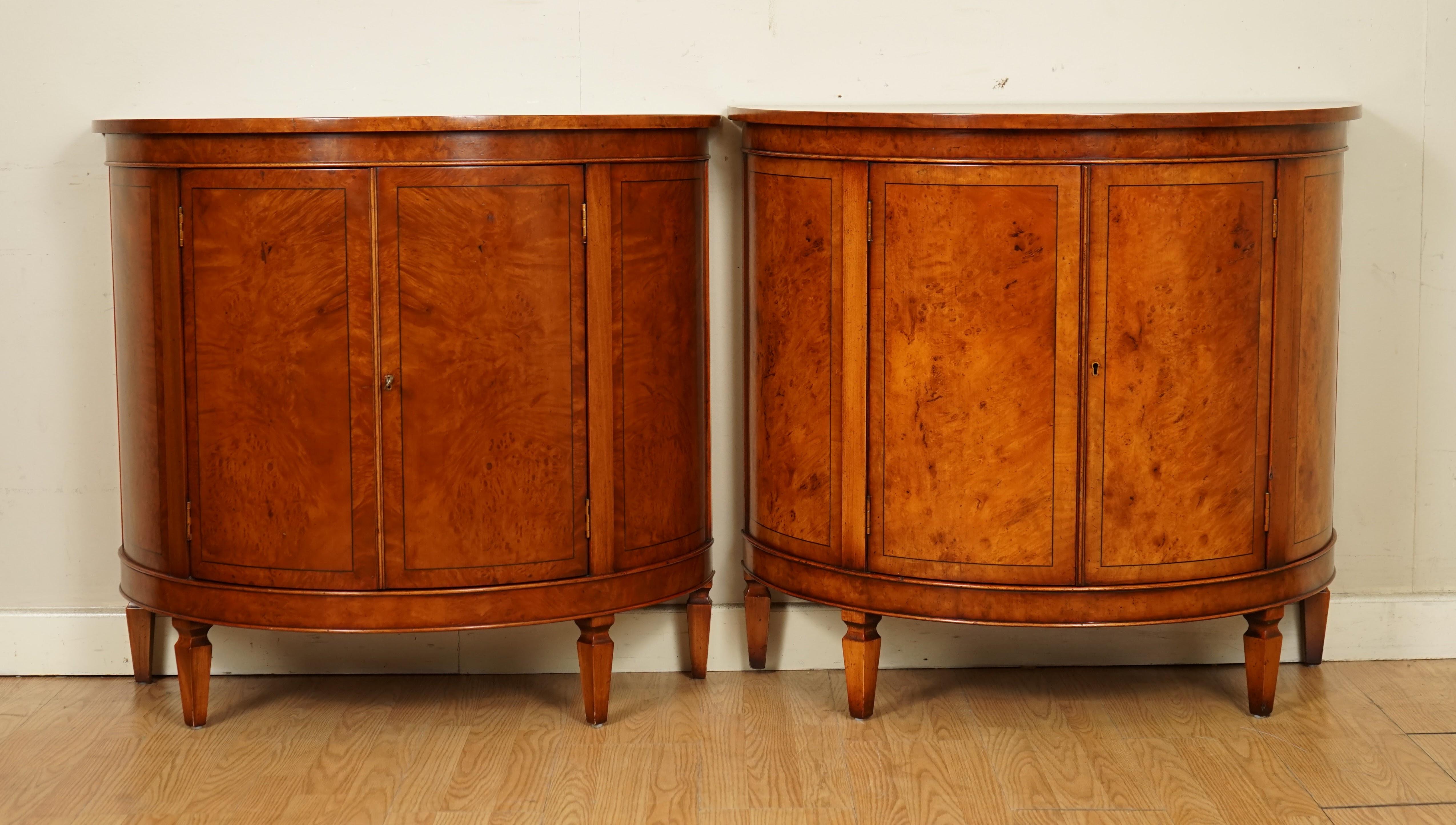Hand-Crafted Very Stunning Matched Pair of Demi Lune Burr Walnut Sideboard Cabinet End Table