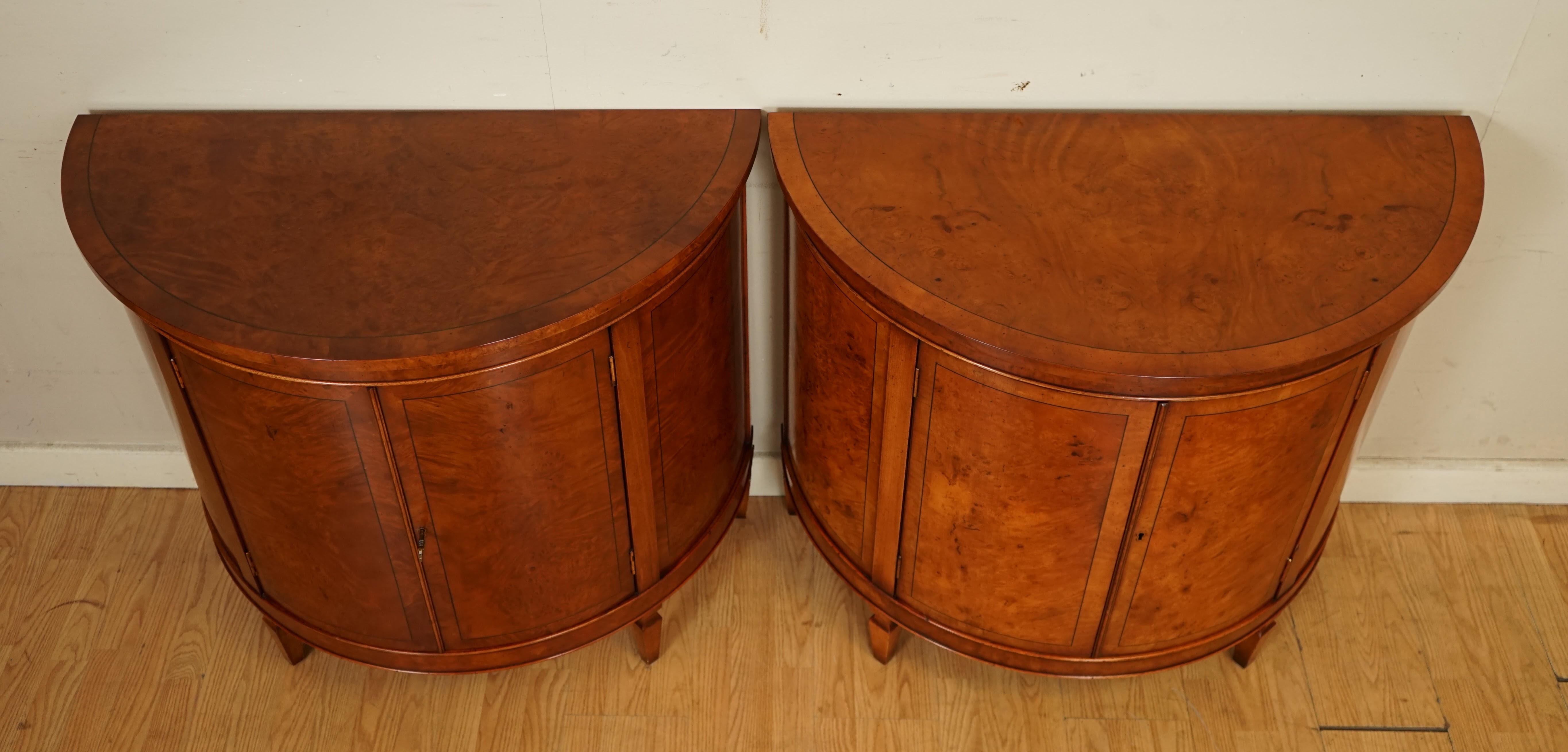 Very Stunning Matched Pair of Demi Lune Burr Walnut Sideboard Cabinet End Table 3