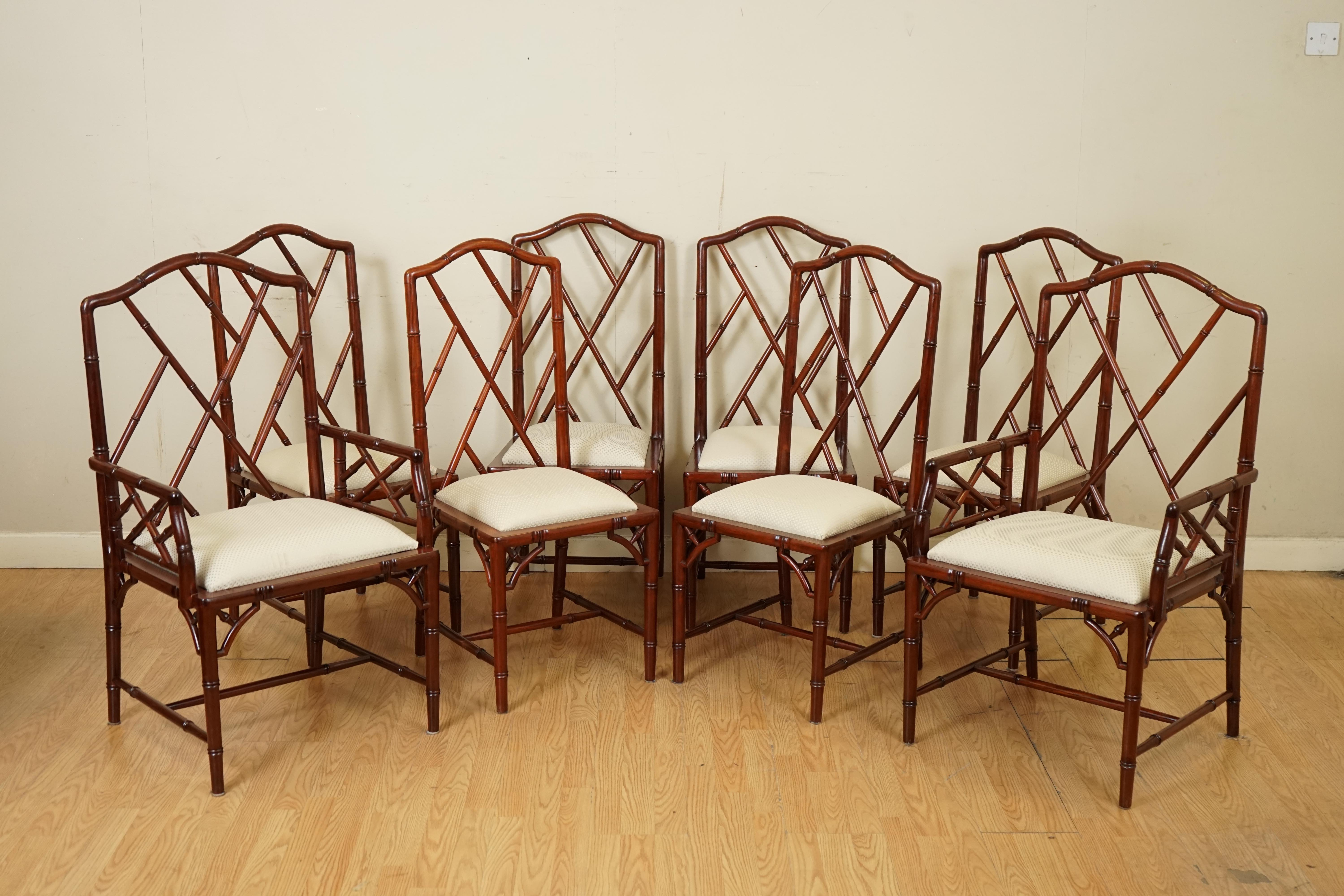 We are so excited to present to you this stunning set of bamboo style dining chairs.

All of the seatings have been recovered in a lovely white nude fabric.

These chairs have been imported from China by it's previous owner.

We have lightly