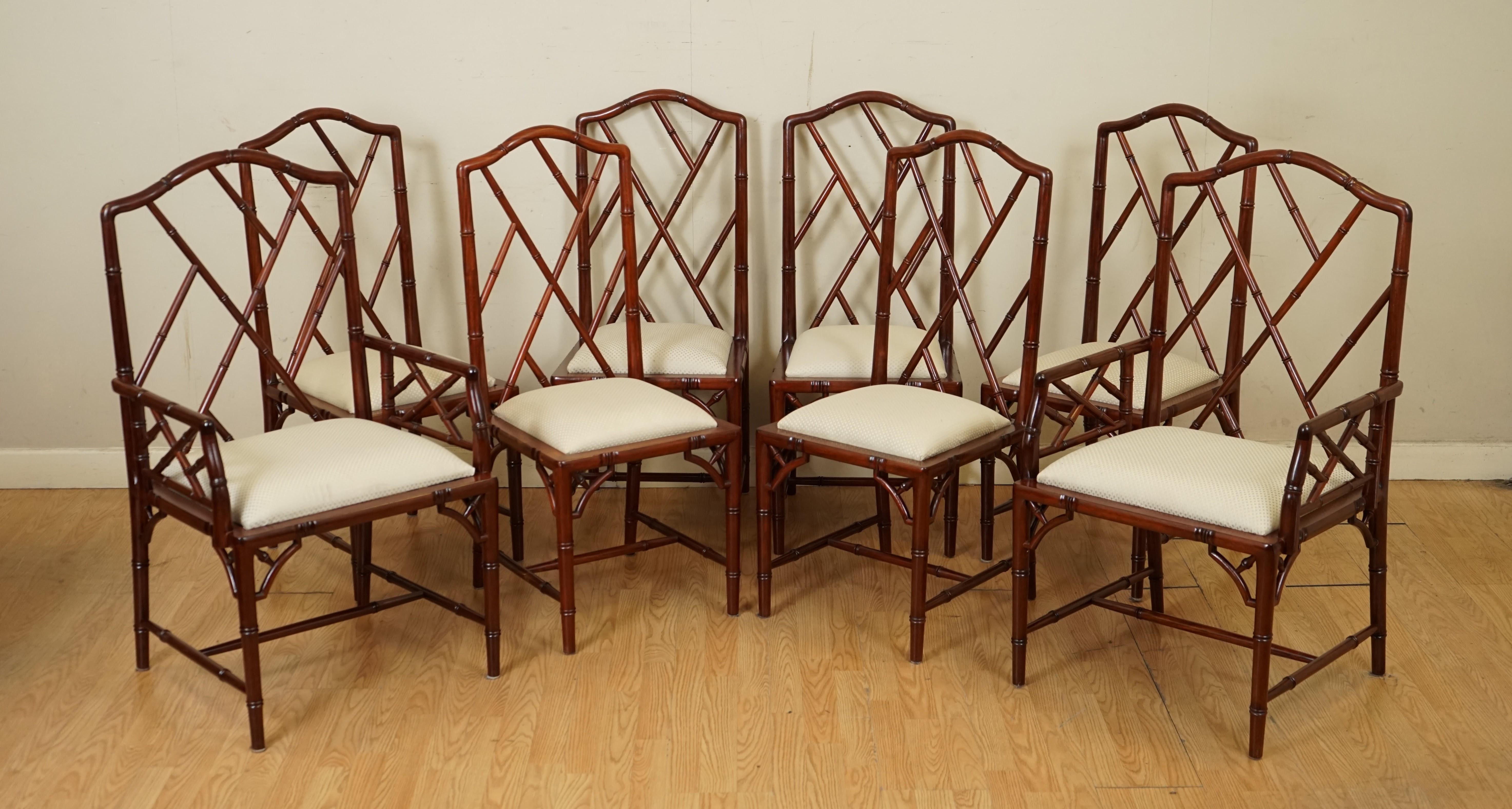 Chinese Very Stunning Set of 8 Vintage Bamboo Dinning Chairs with White Fabric Seating