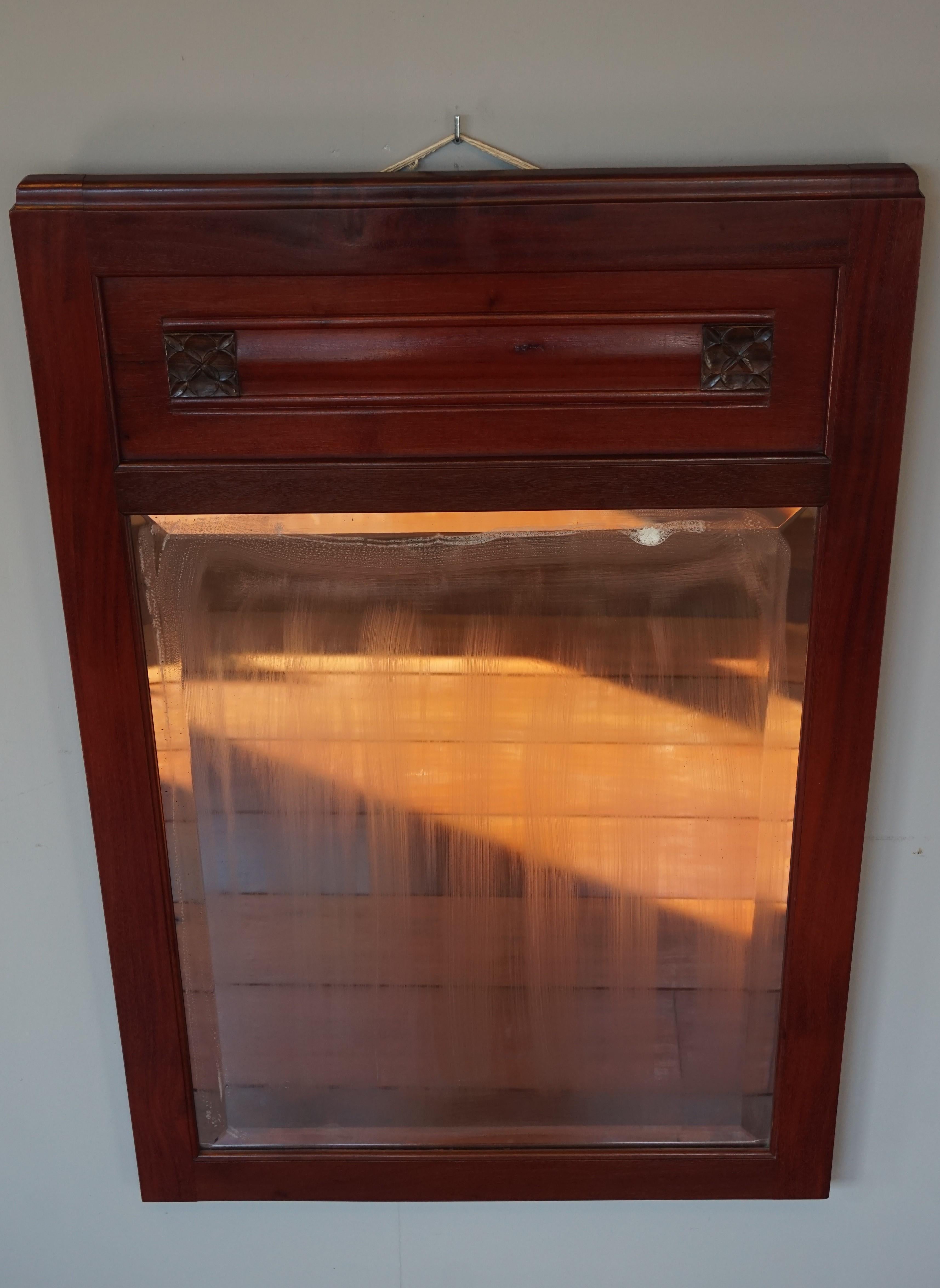 20th Century Very Stylish Dutch Arts and Crafts Beveled Wall Mirror in Solid Nutwood Frame For Sale