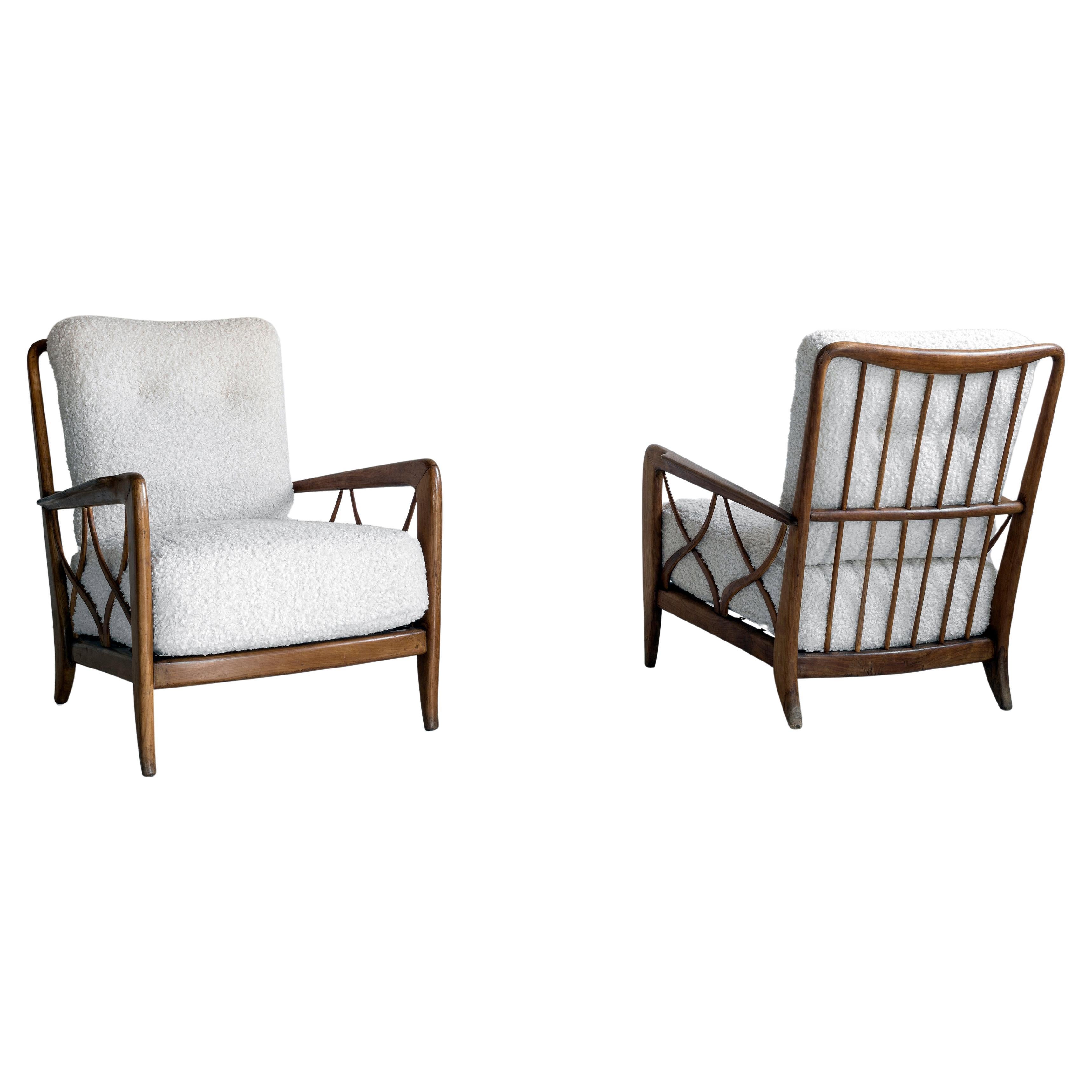 Smart pair of Armchairs in a most perfect blonde wood patina, upholstered in faux shearling. Very comfortable, stylish  and versatile pair with a great visual presence.