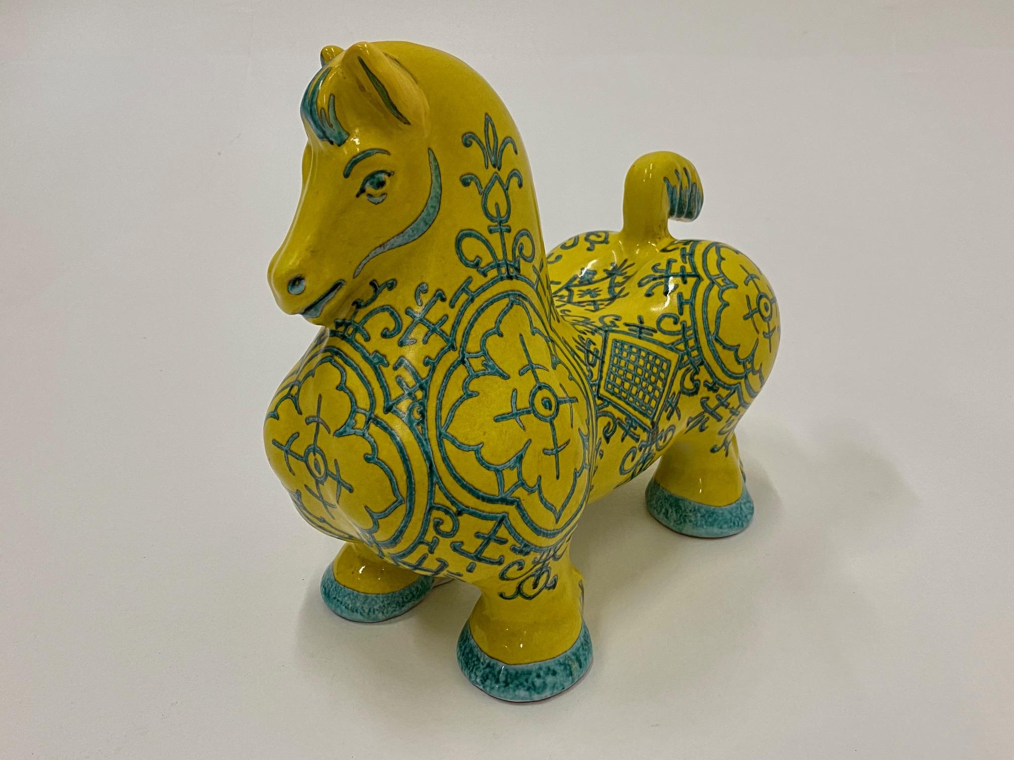 Mid-20th Century Very Stylized Italian Ceramic Yellow Horse with Painted Decoration For Sale