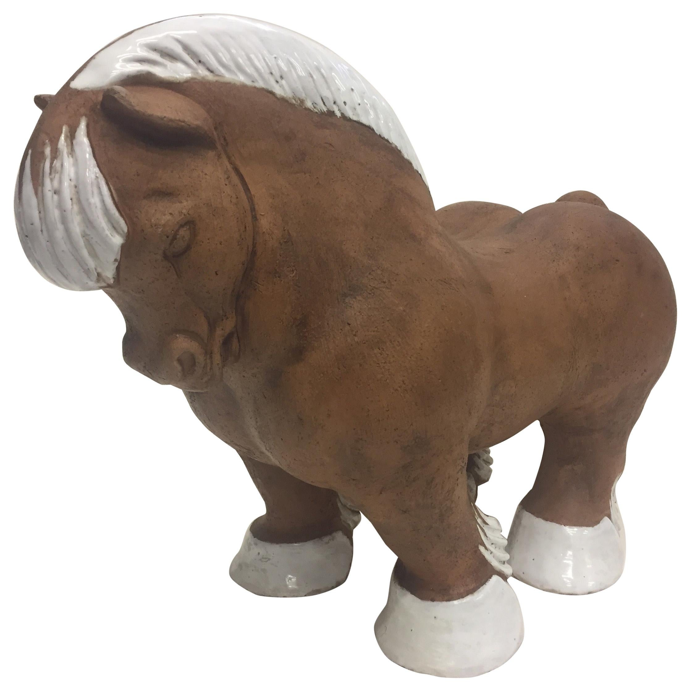 Very Stylized Italian Terracotta and White Glazed Horse Sculpture