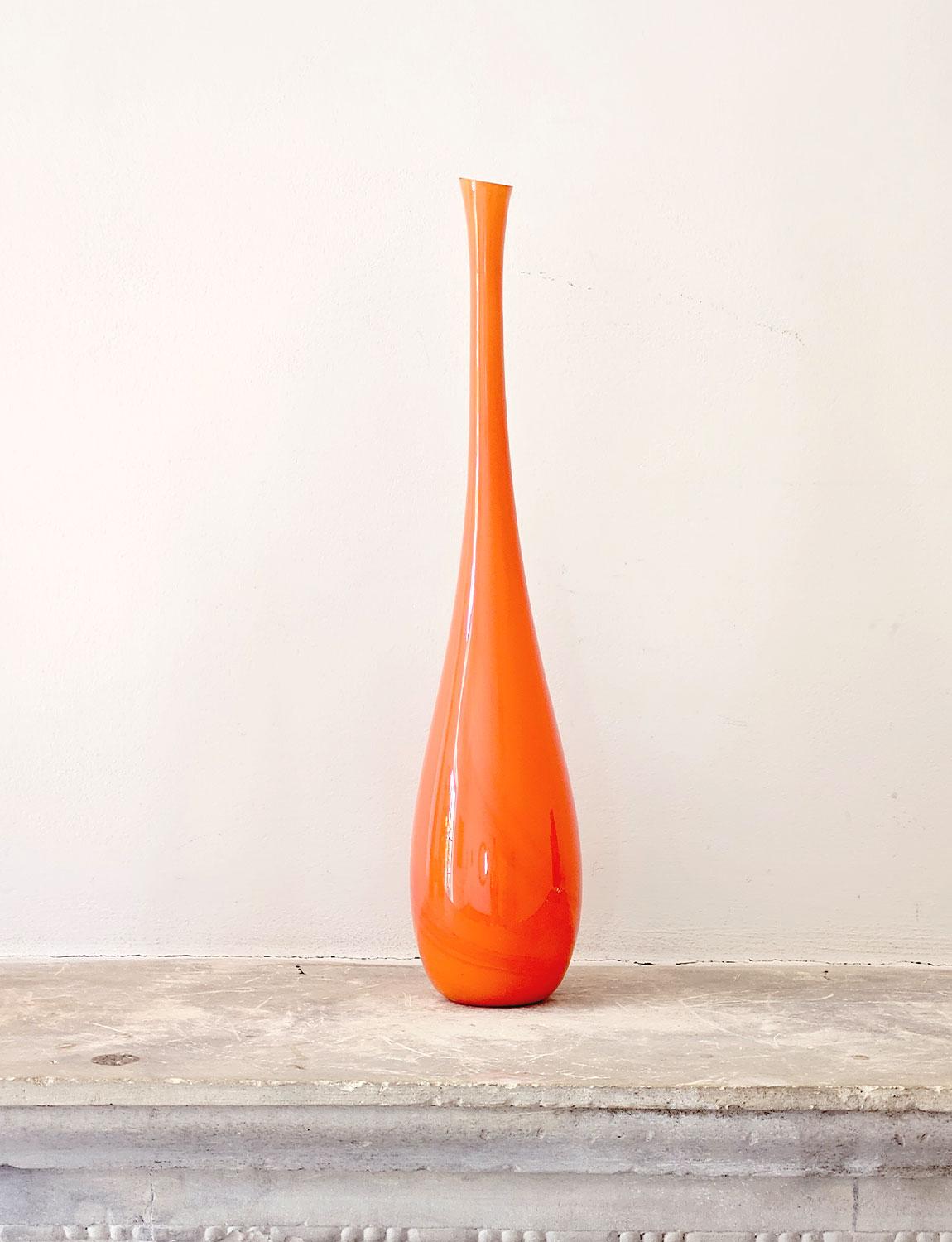 A wonderful modernist exceptionally tall opaque orange hand-blown Murano Glass Vase. This piece was made by the acclaimed designers Franco Campo & Carlo Graffi. This vase was bought at auction in Turin, it is in good condition with the original
