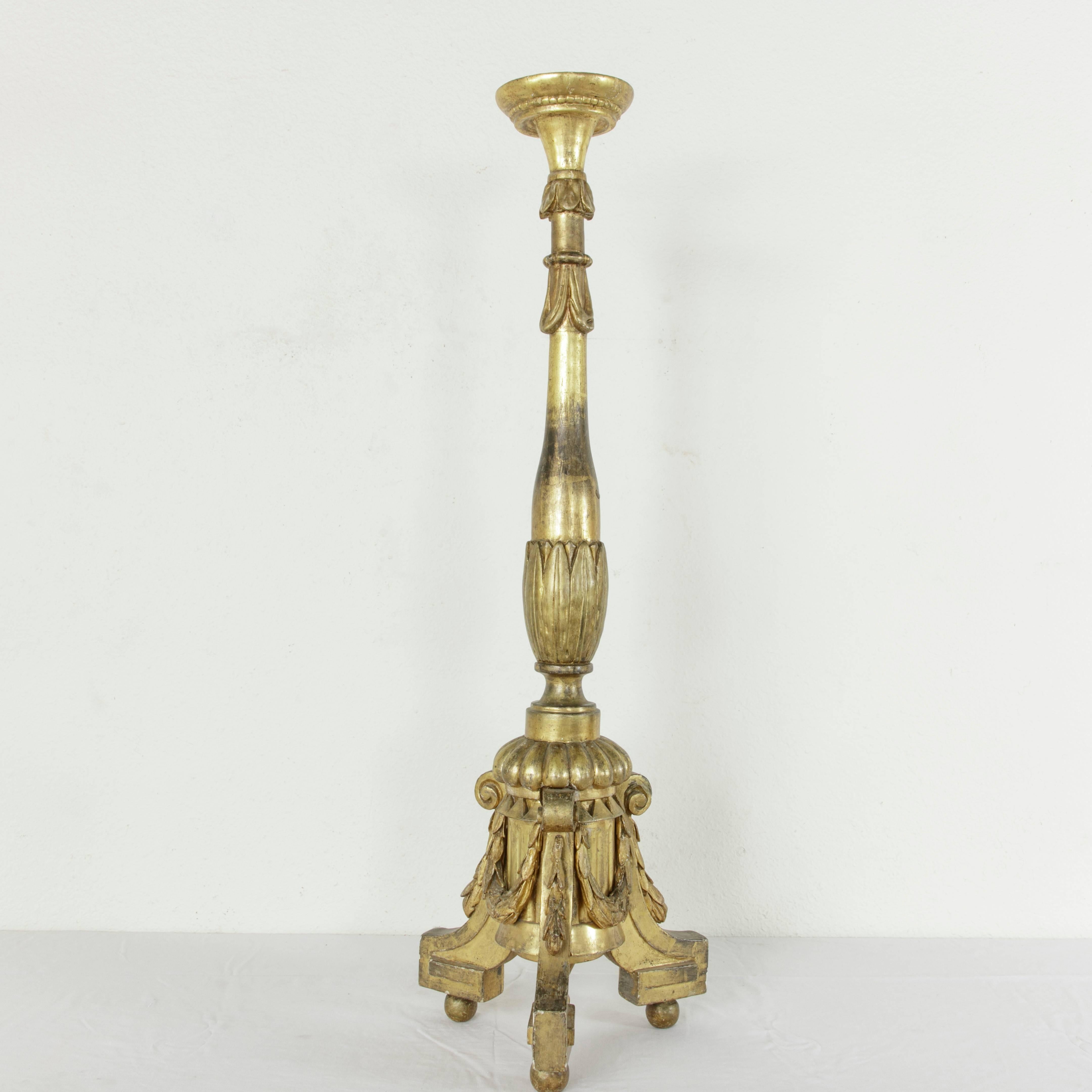 Very Tall 19th Century French Louis XVI Style Giltwood Pricket Candlestick In Good Condition In Fayetteville, AR