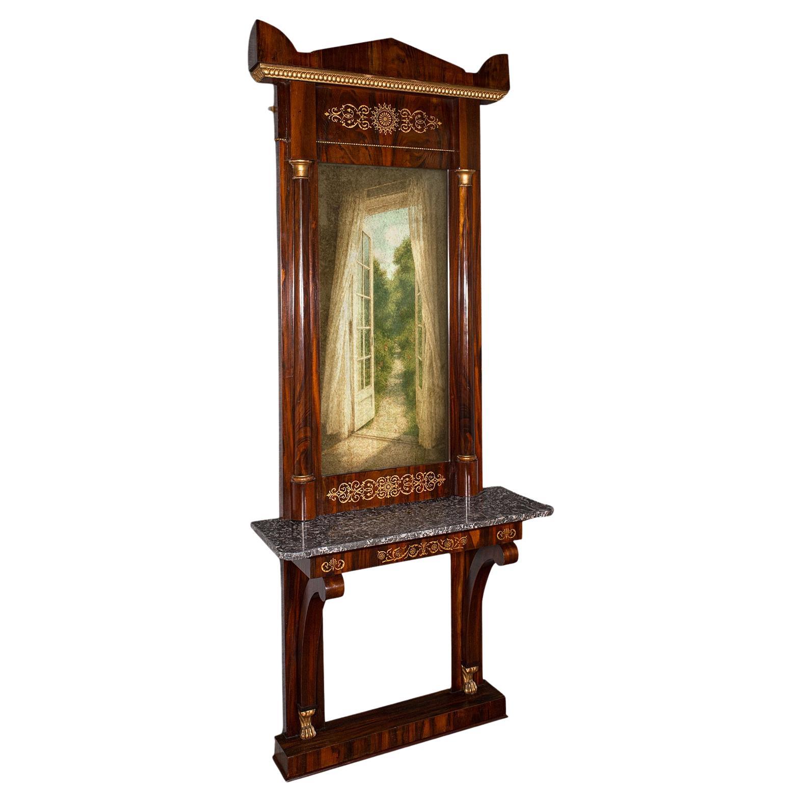 Very Tall 8' Antique Empire Style Mirror, Italian, Walnut, Marble, Victorian