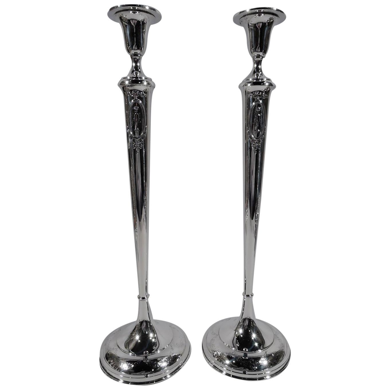 Very Tall American Edwardian Regency Sterling Silver Candlesticks For