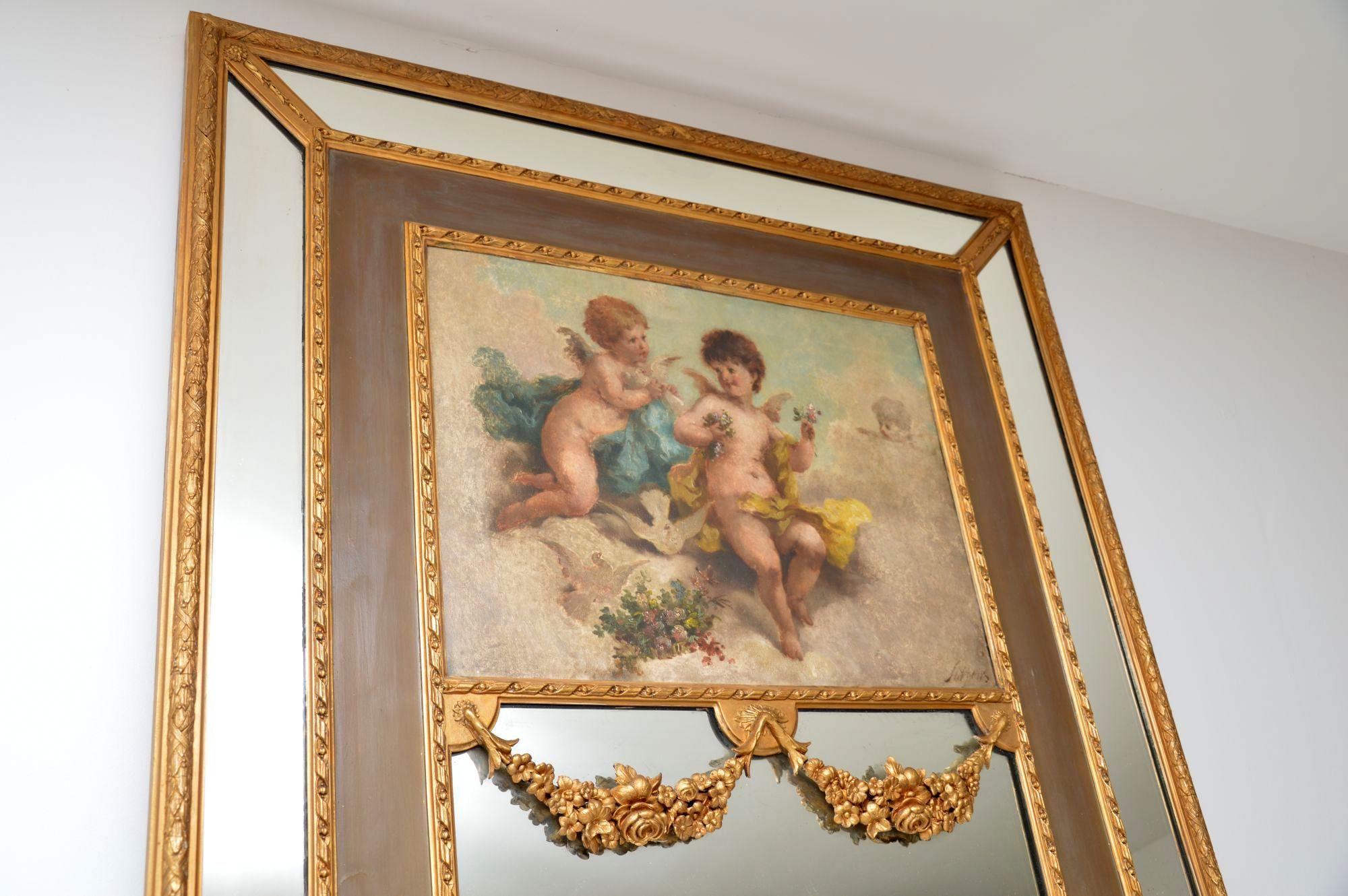 Victorian Very Tall Antique Giltwood Mirror with Oil Painting