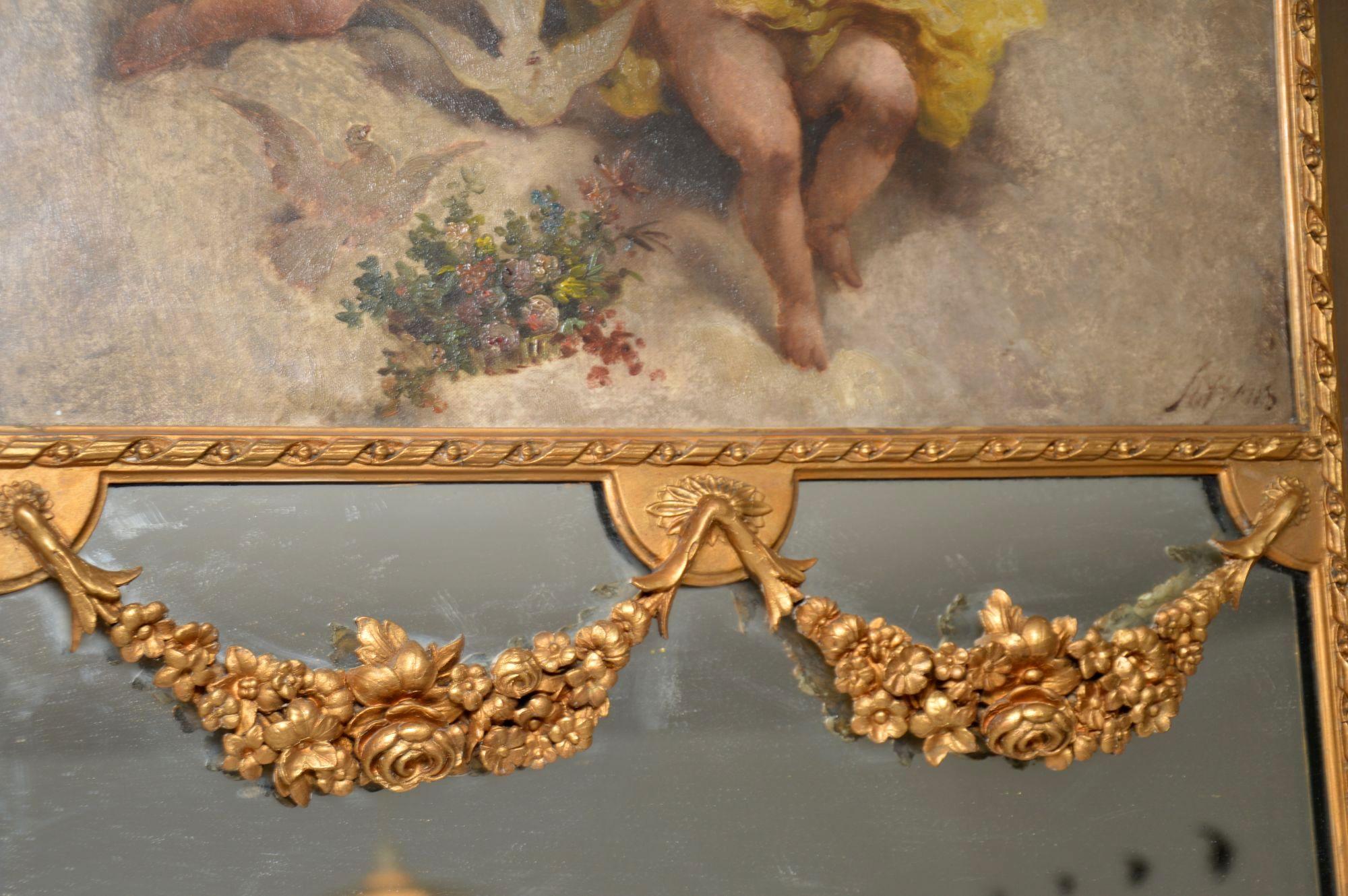 Français Très grand miroir ancien en bois doré avec peinture à l'huile en vente