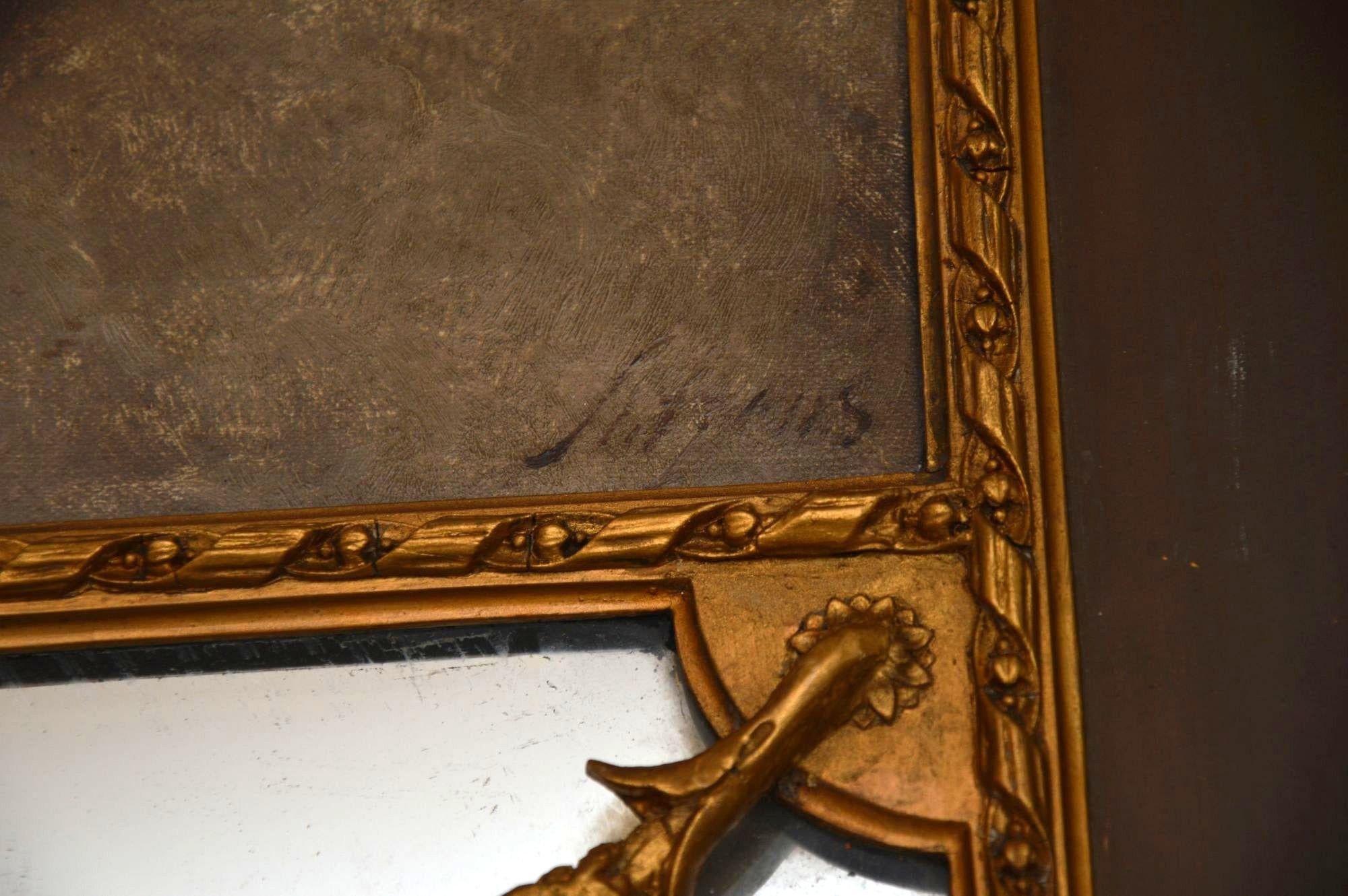 Très grand miroir ancien en bois doré avec peinture à l'huile en vente 2