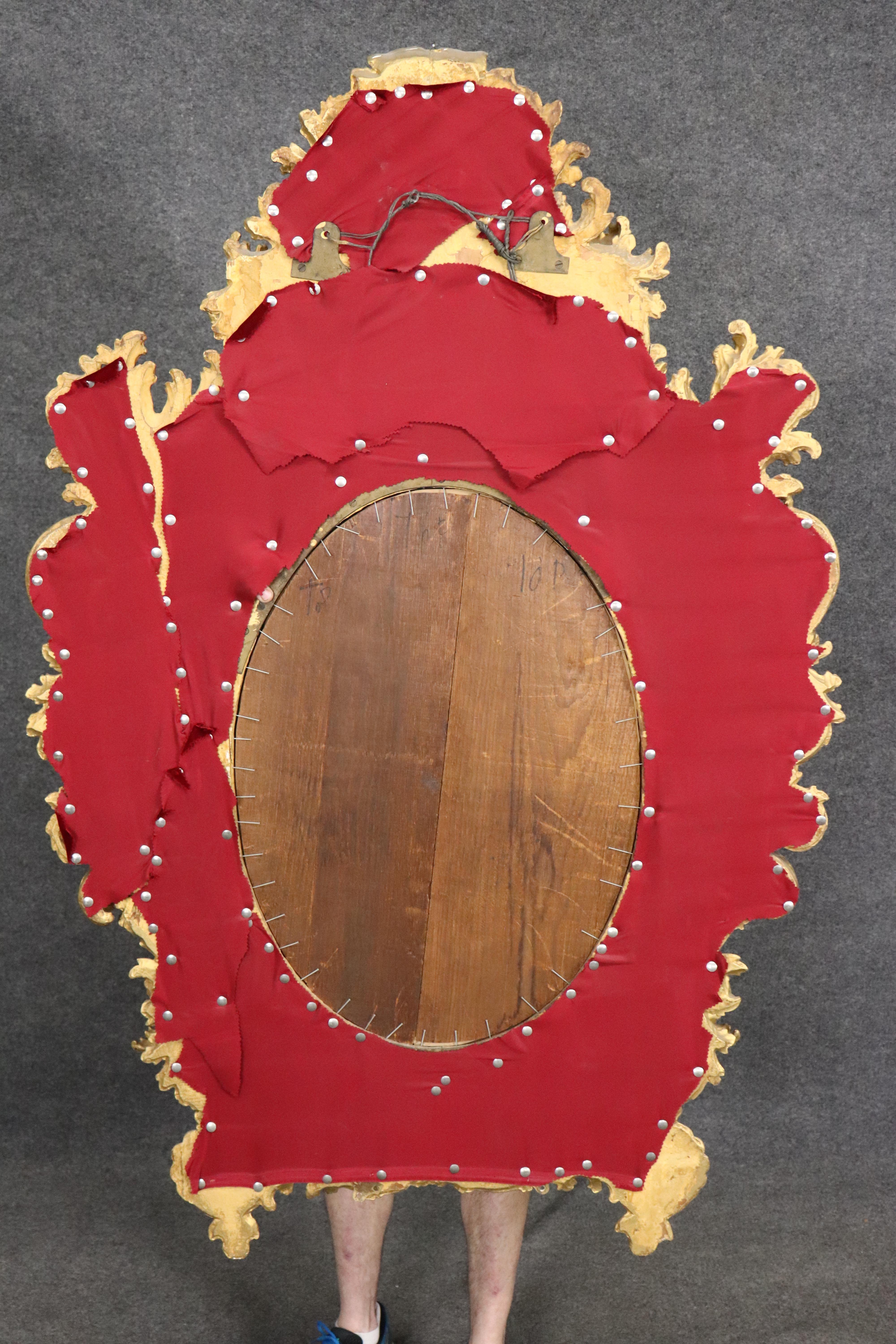 Very Tall Carved Gilded Italian Florentine Oval Leaf Beveled Mirror For Sale 9