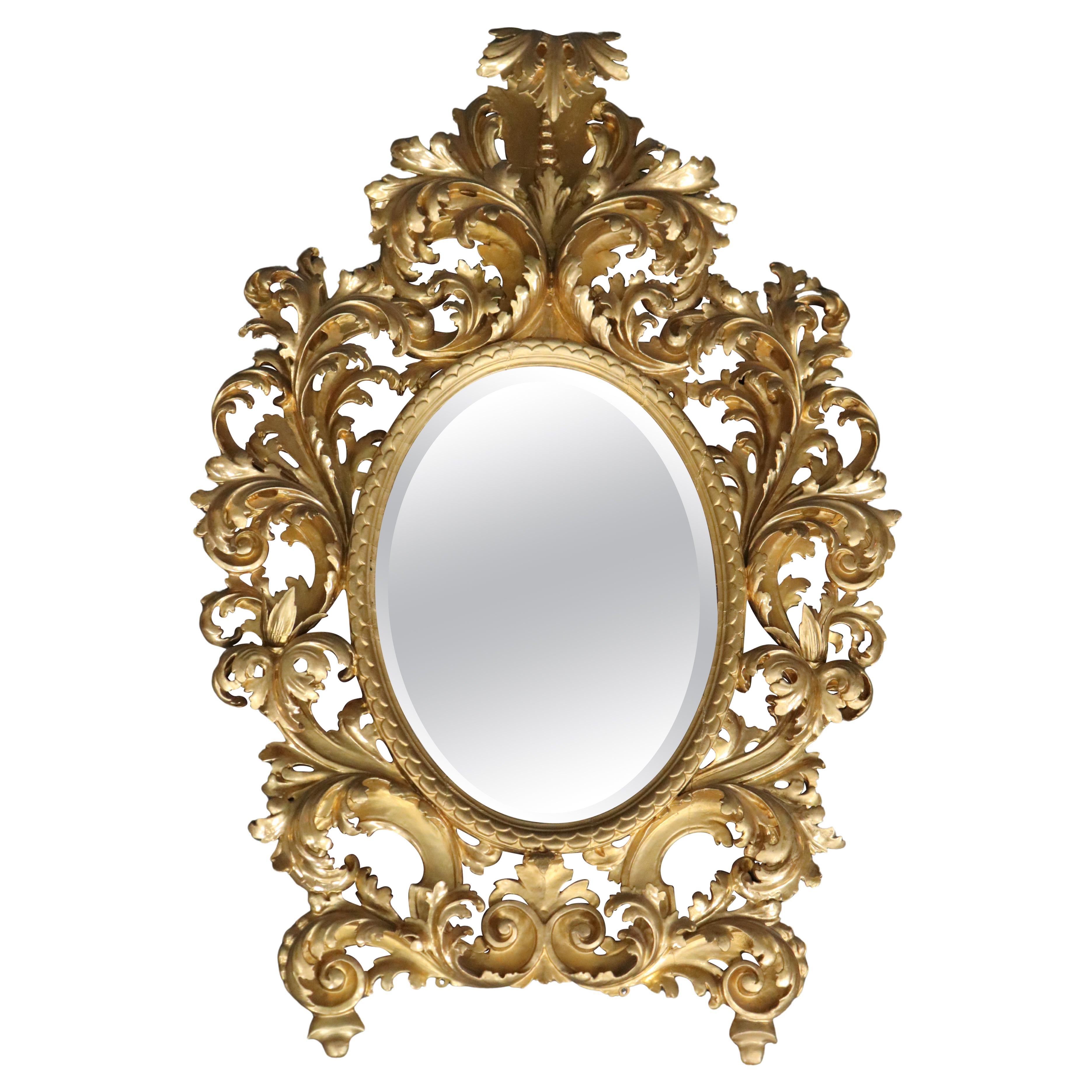 Very Tall Carved Gilded Italian Florentine Oval Leaf Beveled Mirror