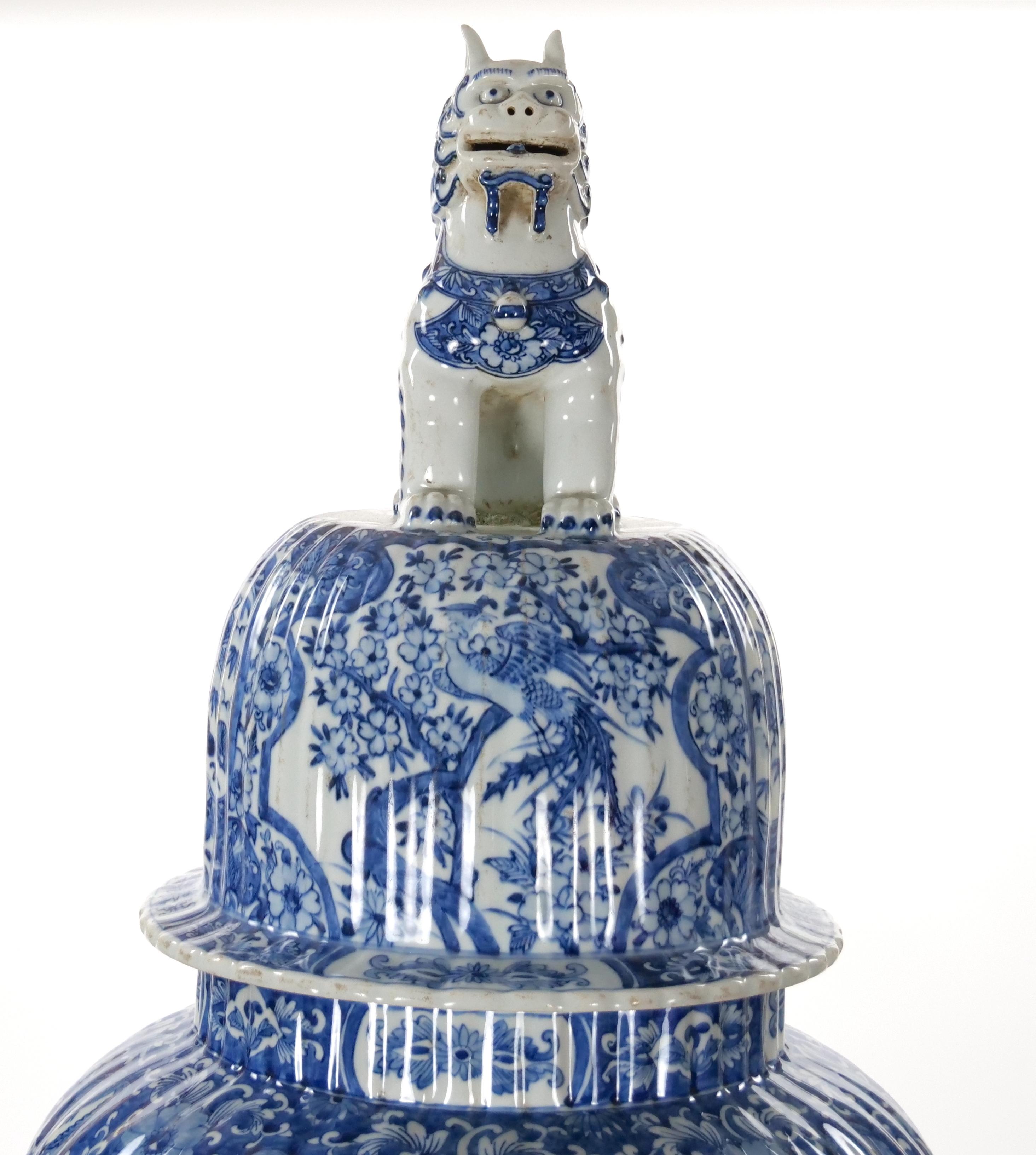 Glazed Very Tall Chinoiserie Design Blue/ White Ginger Jar Urn with Foo Dog Cover