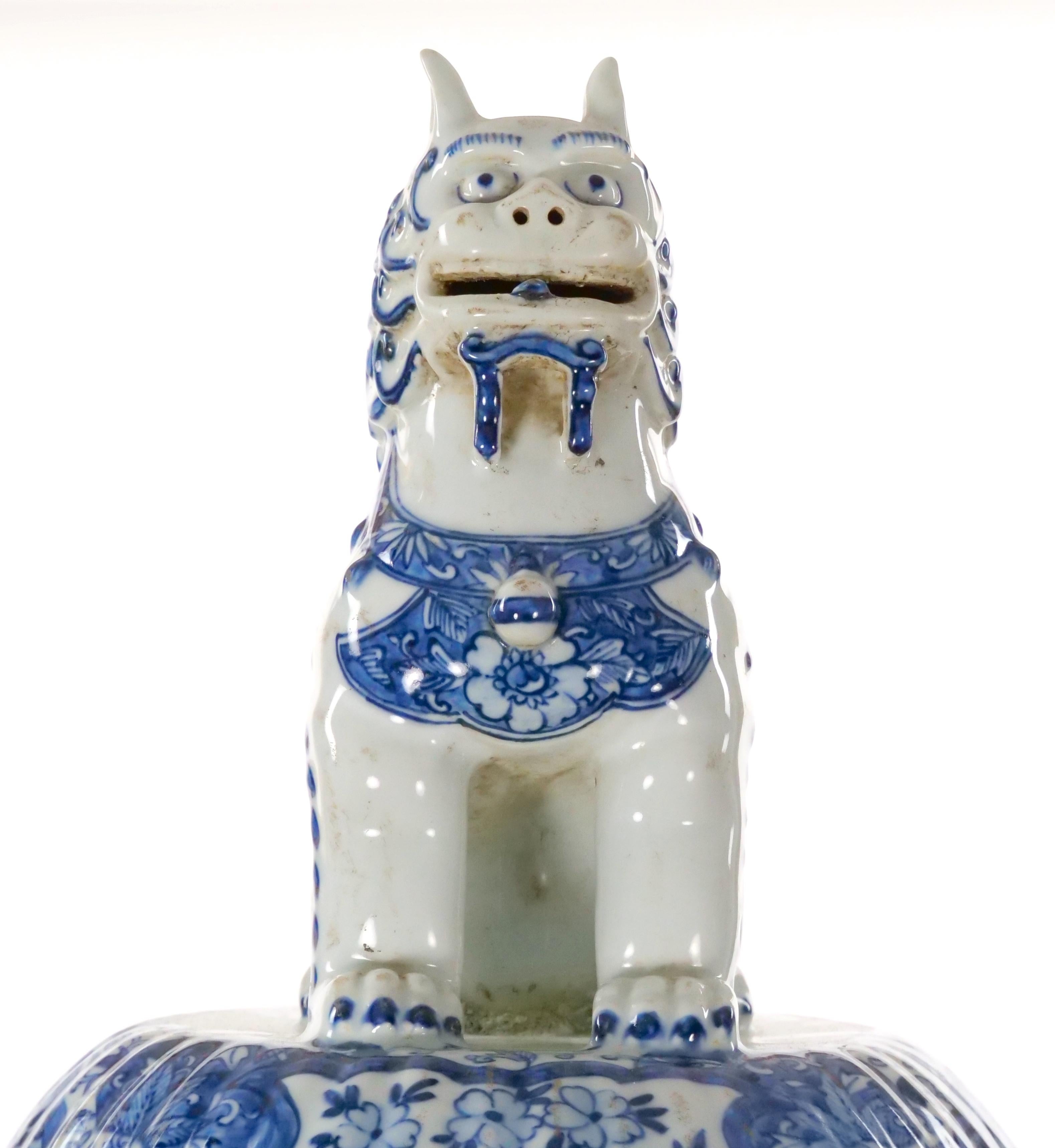 Late 19th Century Very Tall Chinoiserie Design Blue/ White Ginger Jar Urn with Foo Dog Cover