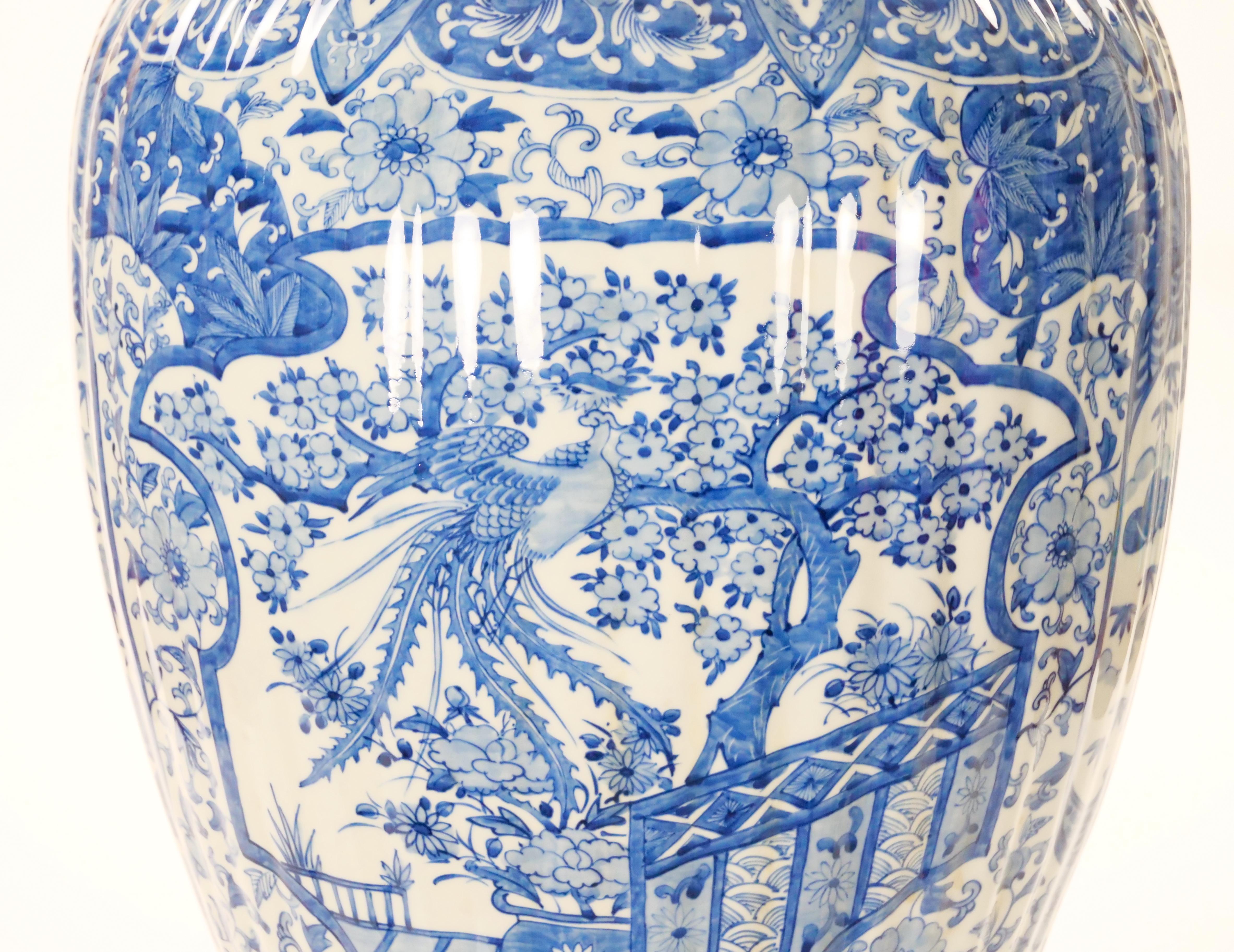 Very Tall Chinoiserie Design Blue/ White Ginger Jar Urn with Foo Dog Cover 1