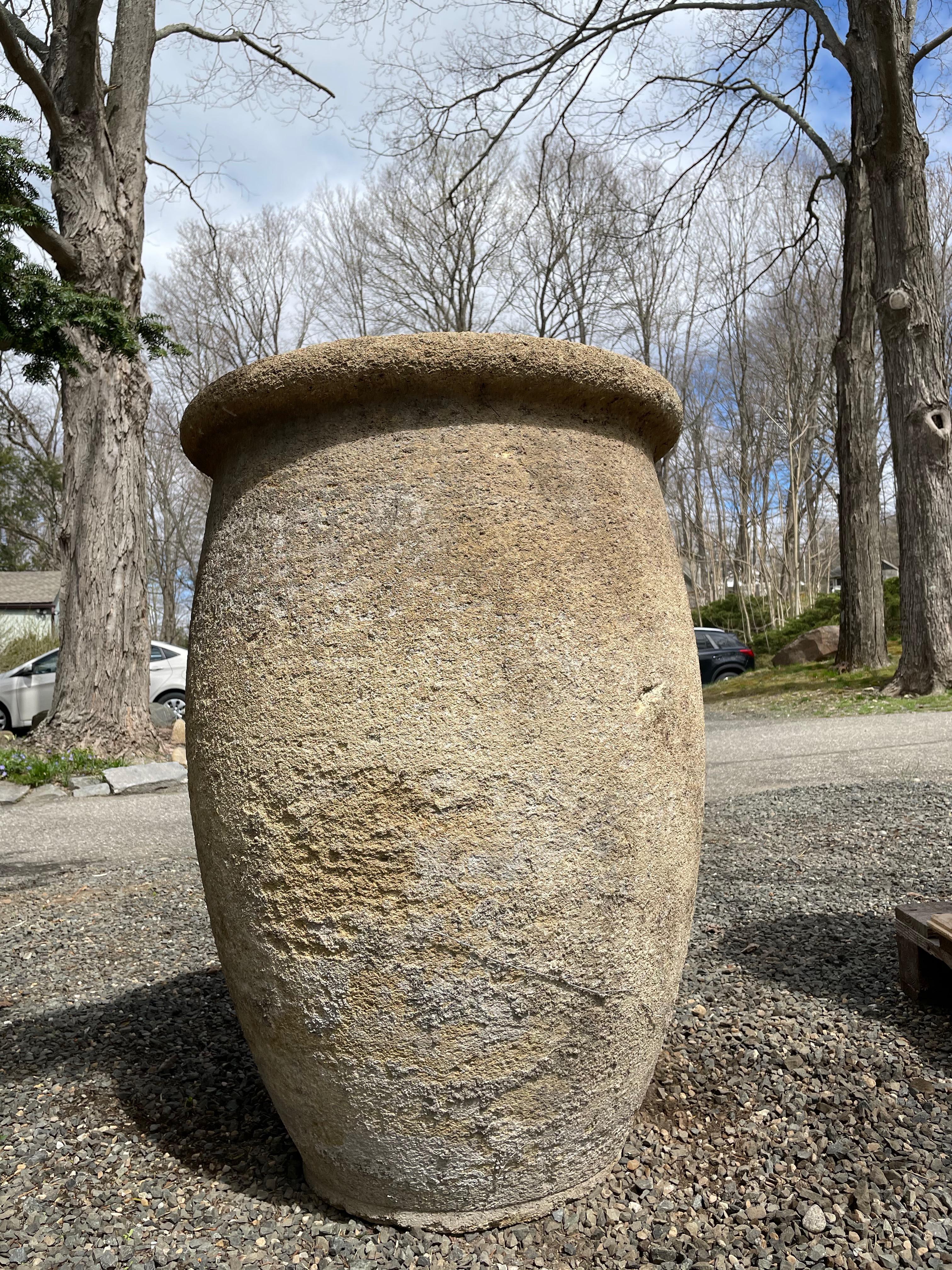 Recently, we were able to source five enormous stone pots hand-carved from Pierre de Rognes, a very hard stone from the area of Aix en Provence and they are stunning. Thick-walled, very rare, and in lovely condition, this grand pot would make a