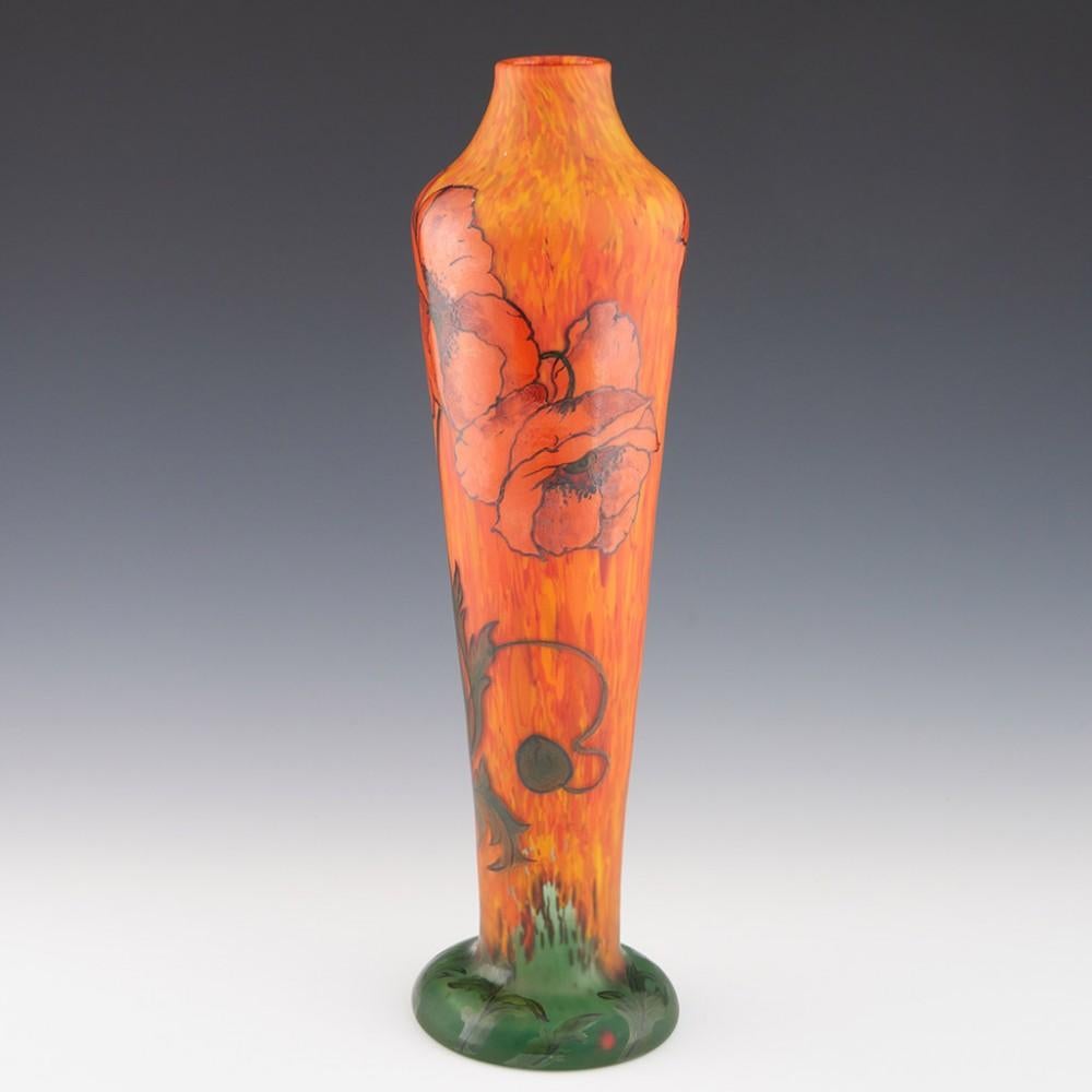 Heading : Legras enamelled glass vase
Date : c1920
Origin : Saint Denis, Paris
Colour :Orange and lemon ground transitioning to green at the base. High relief enamels green, brown, black and poppy res
Bowl : Enamelled with poppies signed