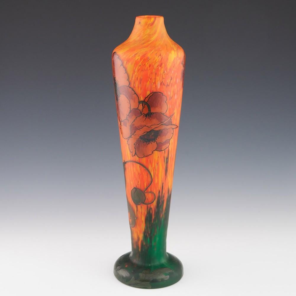 Heading : Legras enamelled glass vase
Date : c1920
Origin : Saint Denis, Paris
Colour :Orange and lemon mottled ground transitioning to green at the base. High relief enamels green, brown, black and poppy red
Bowl : Enamelled with poppies signed