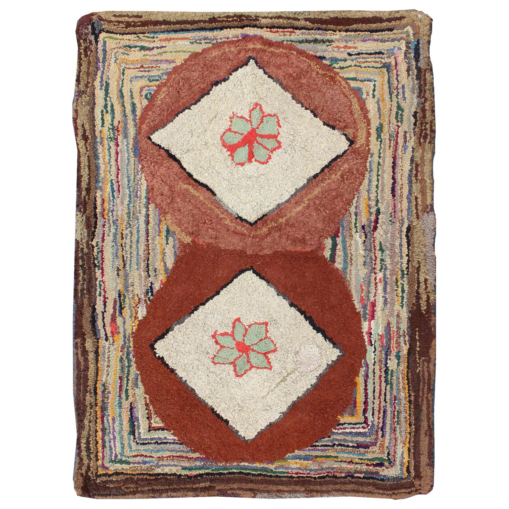 Very Unique Antique Multicolor American Hooked Rug in Diamond Stripes For Sale