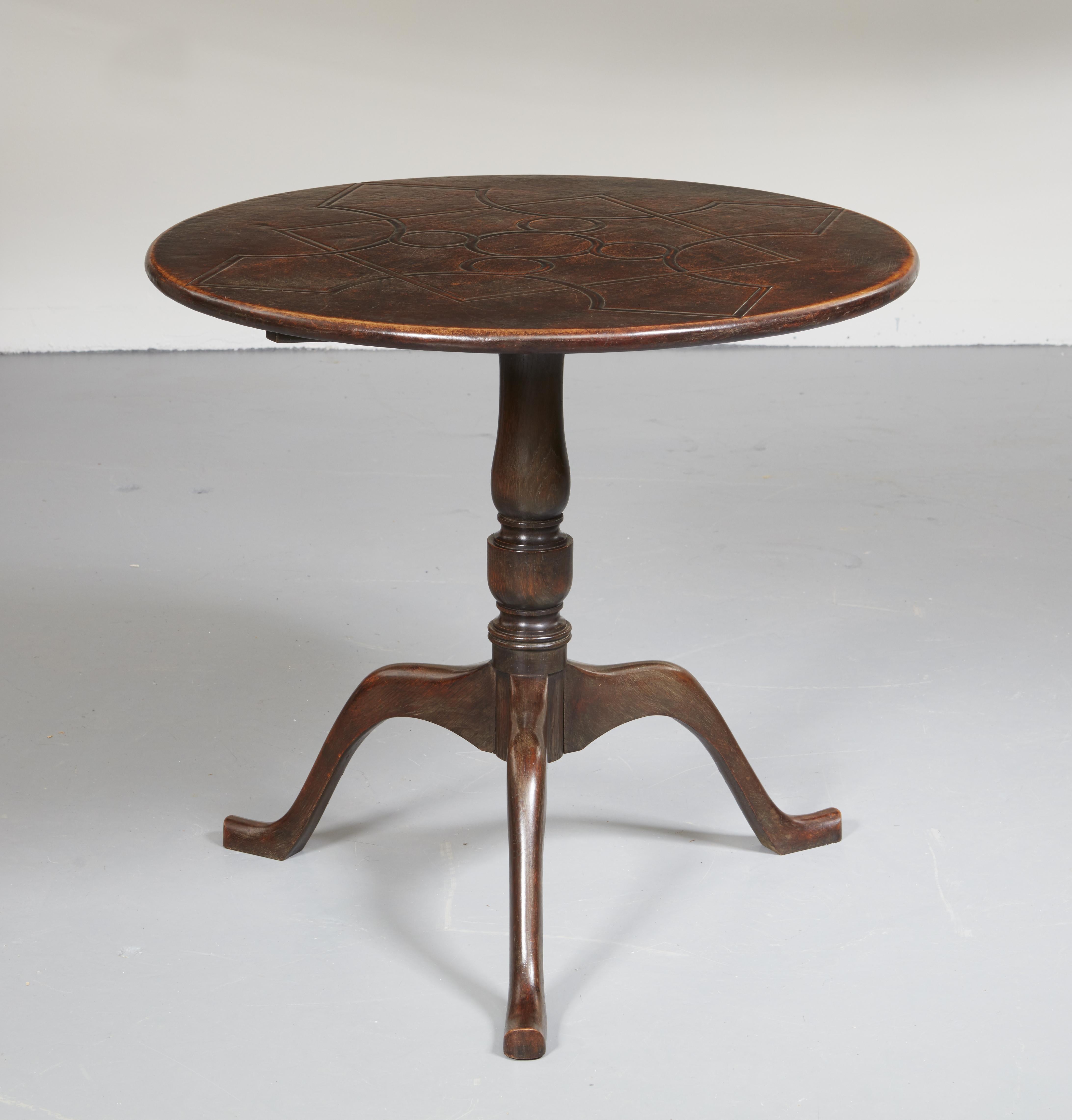 A very unusual English leather clad round tripod table with geometric worked decoration to leather top, tilt action swivel, balustrade shaft and standing on tripod legs with humanoid knees and feet in a stylized Manx manner.