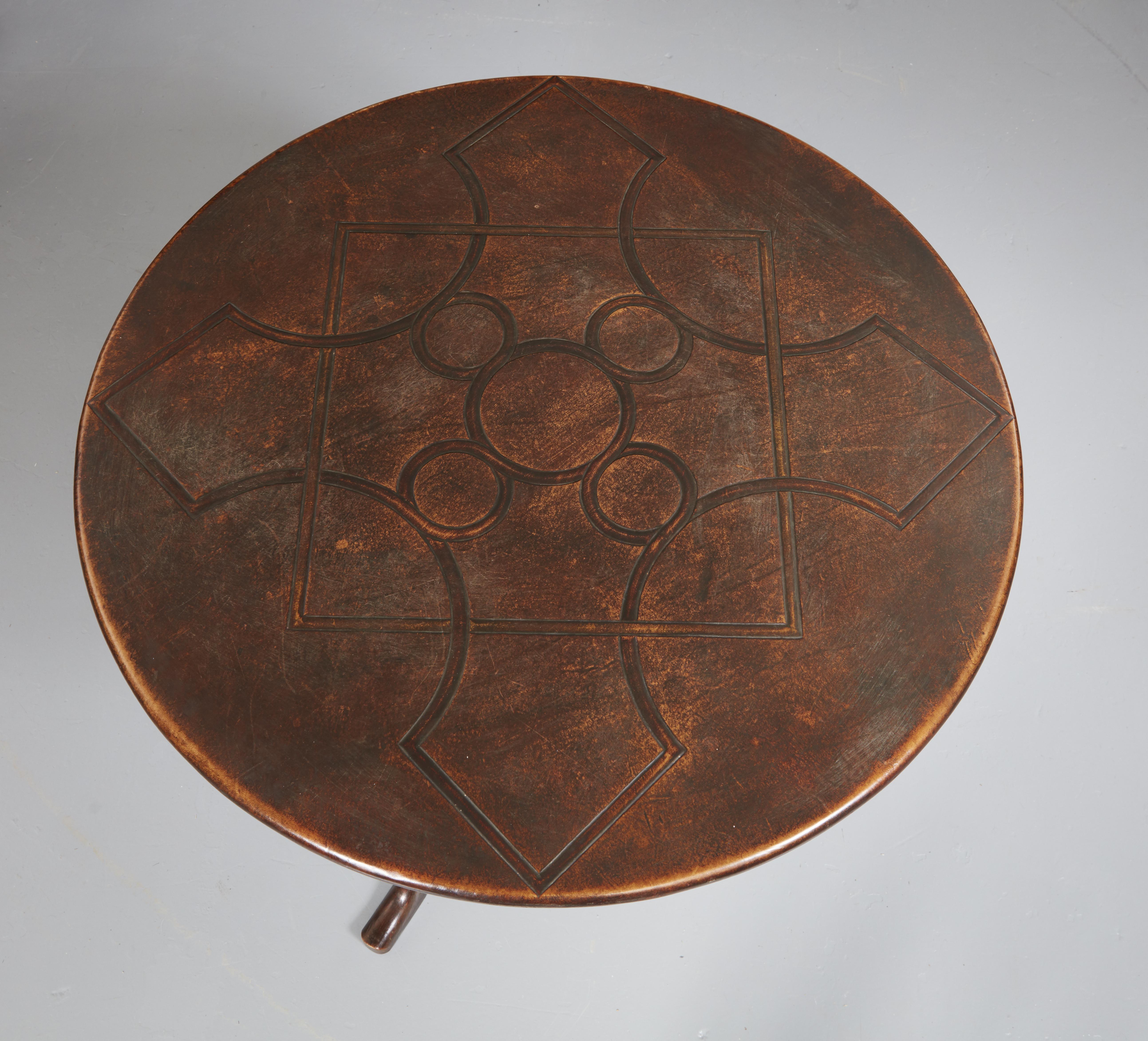 Very Unusual English Leather Clad Round Tripod Table In Good Condition In Greenwich, CT