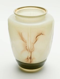 Very Unusual Hand Colored Pressed Glass Vase Decorated with Gold Rim, 1940s
