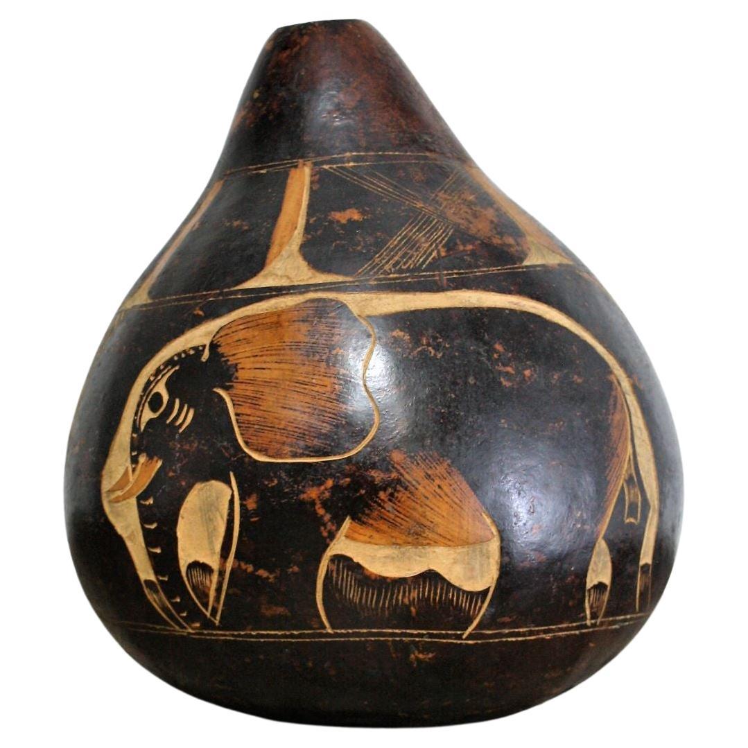 Very Unusual Large Nut Shell with Tribal Elephant Carving For Sale