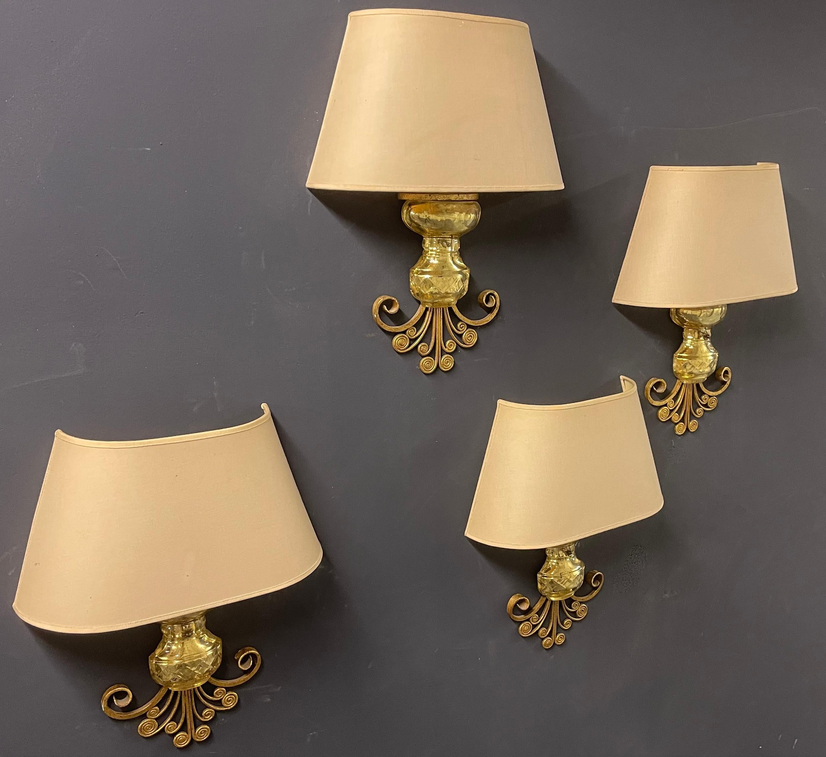 Very Unusual Maison Baguès Wall Sconces Gilded Metal and Crystal For Sale 5
