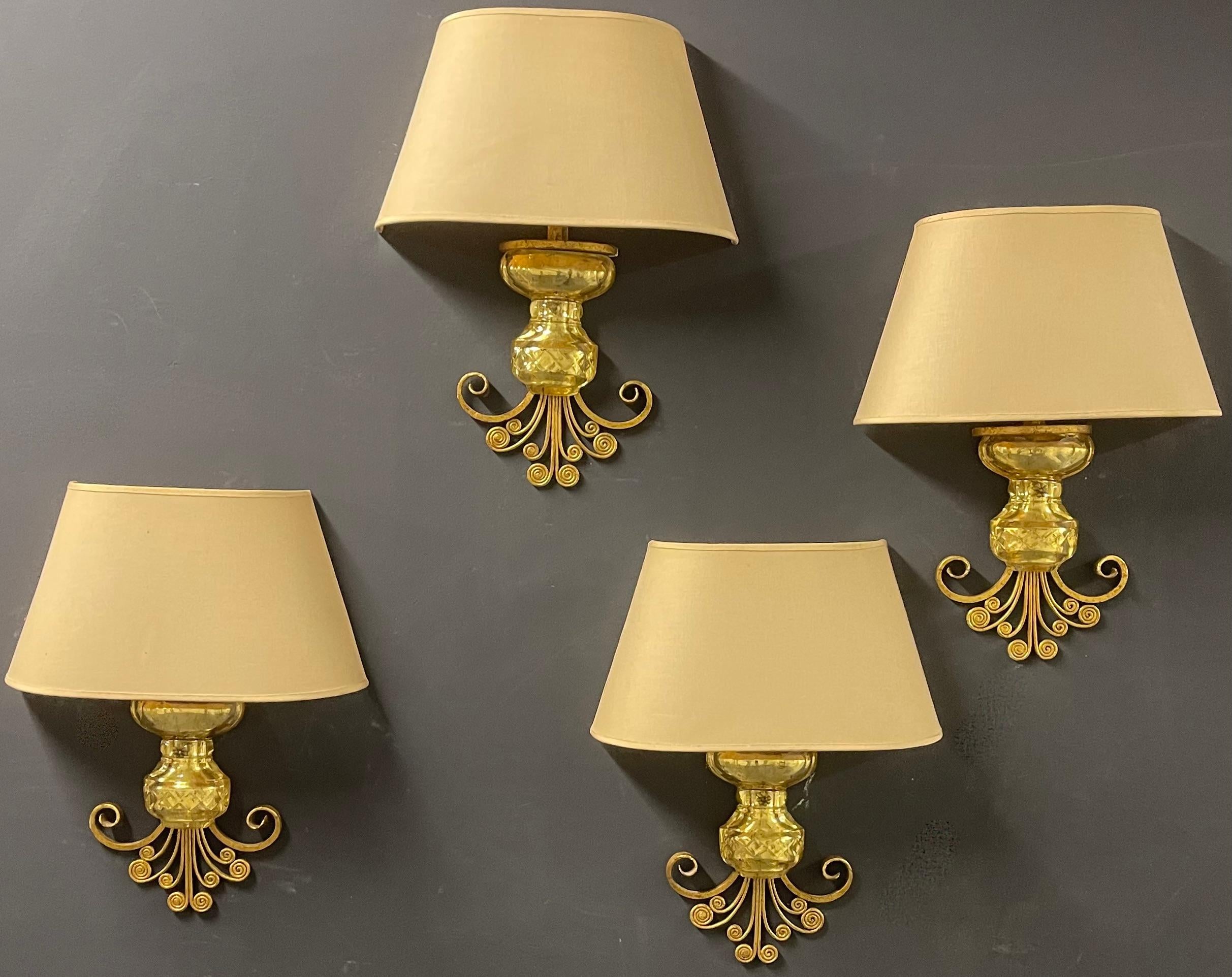Very unusual Maison Baguès wall scones gilded metal and crystal. With original shades.