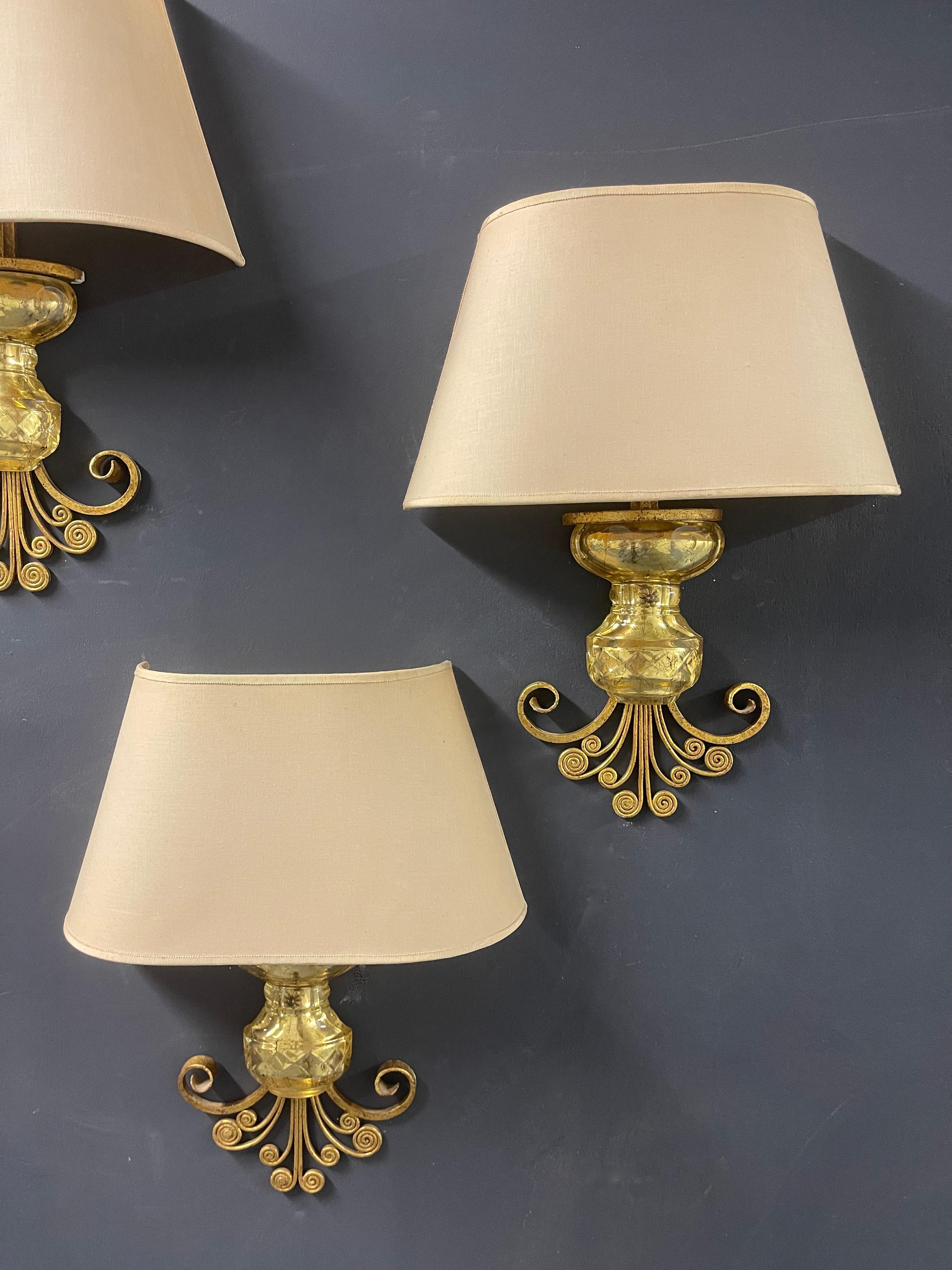 French Very Unusual Maison Baguès Wall Sconces Gilded Metal and Crystal For Sale
