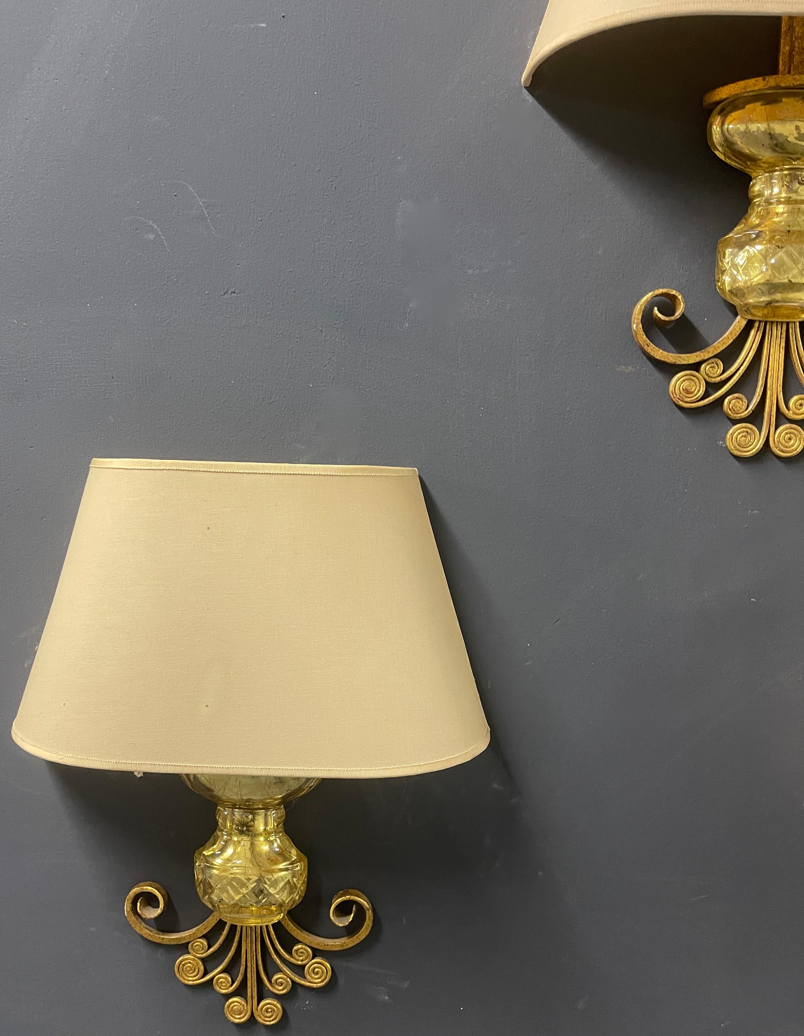 Gilt Very Unusual Maison Baguès Wall Sconces Gilded Metal and Crystal For Sale