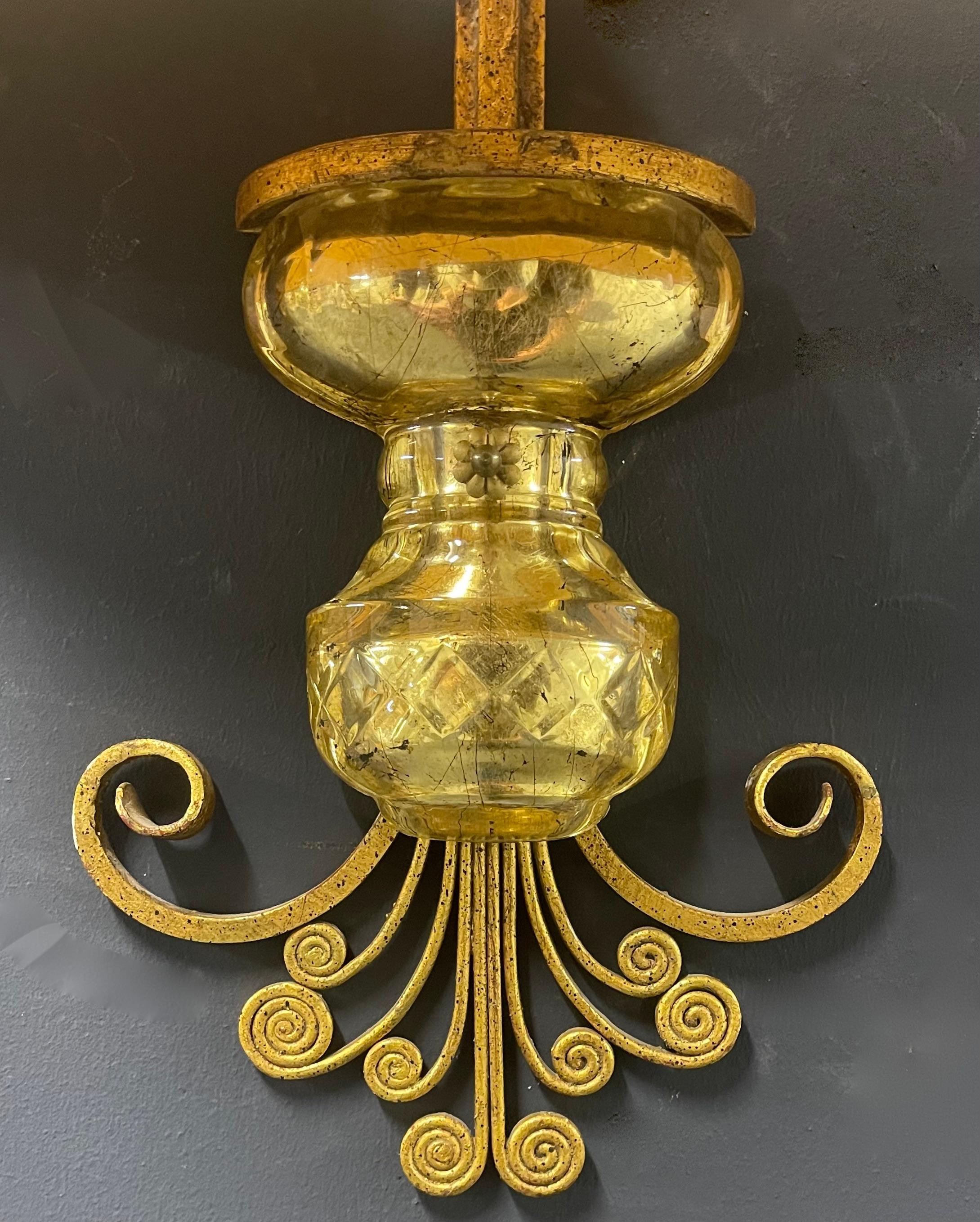 Mid-20th Century Very Unusual Maison Baguès Wall Sconces Gilded Metal and Crystal For Sale