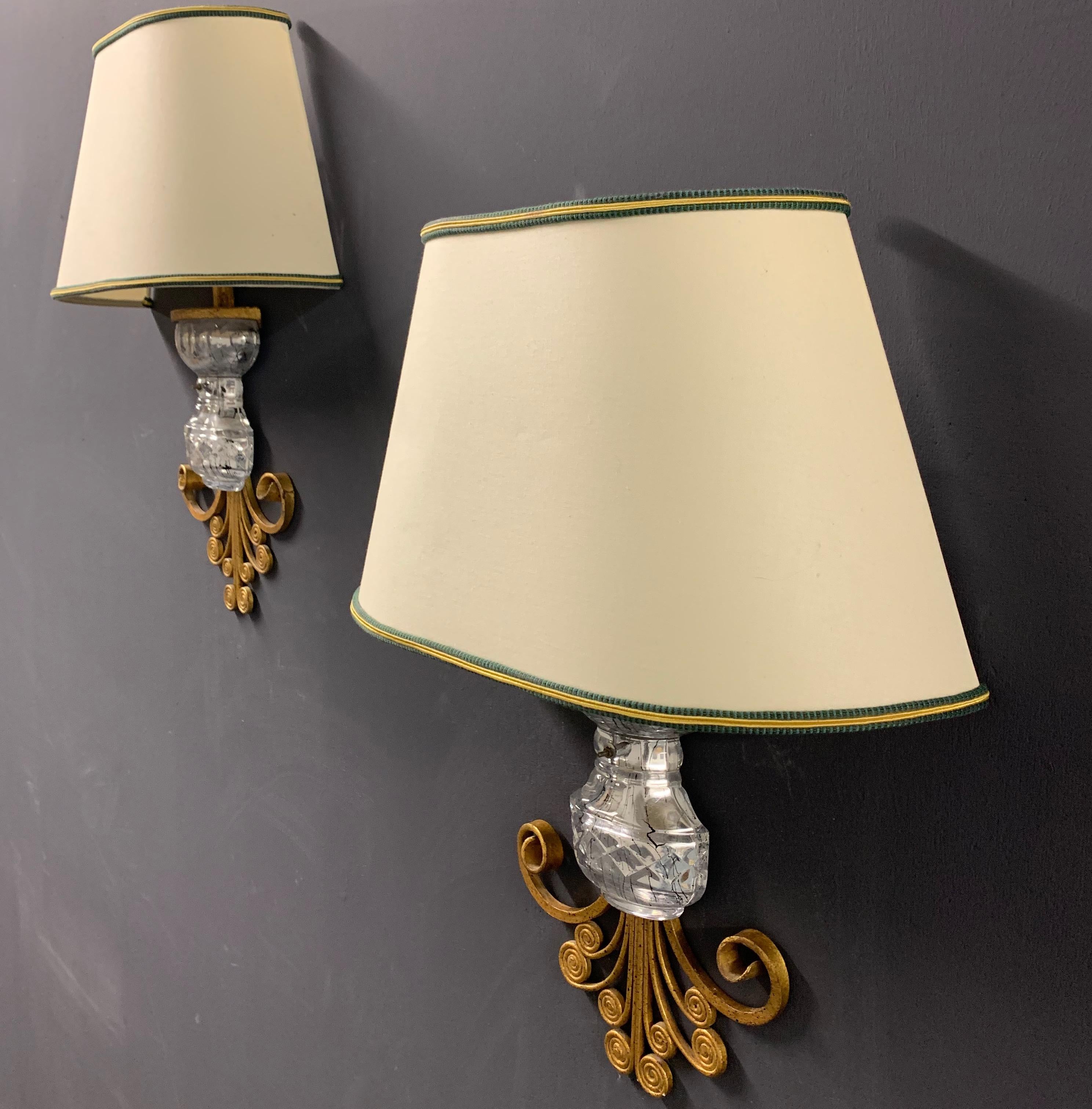 Very unusual Maison Baguès wall scones gilded metal and crystal. With original shades.