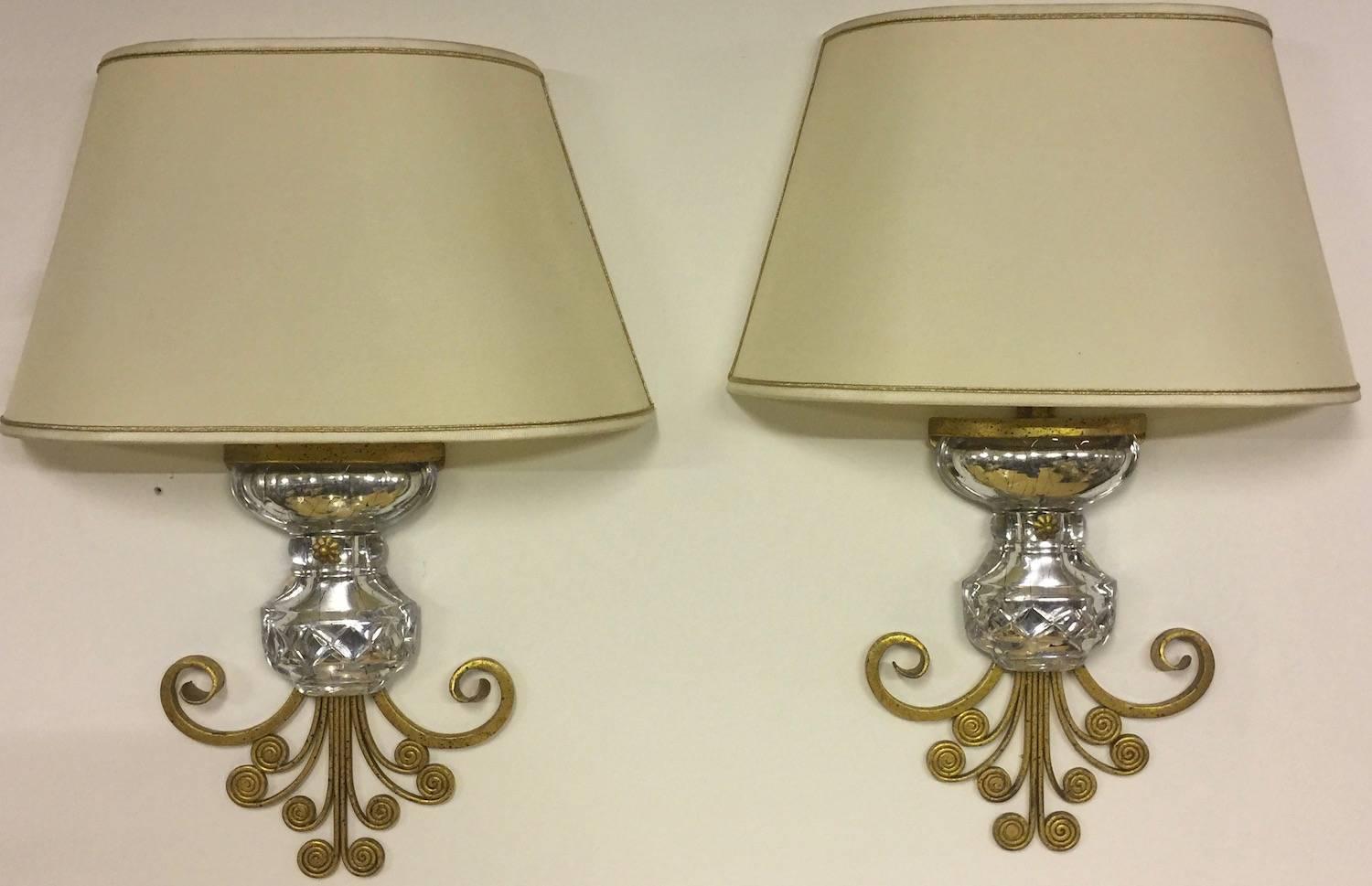 Very Unusual Maison Baguès Wall Scones Gilded Metal and Crystal In Excellent Condition In Munich, DE