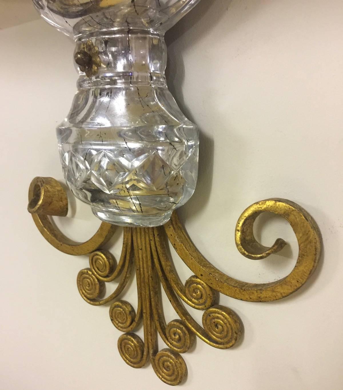 Late 20th Century Very Unusual Maison Baguès Wall Scones Gilded Metal, Silver Detail and Crystal