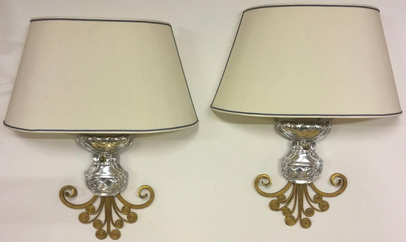 Very Unusual Maison Baguès Wall Scones Gilded Metal, Silver Detail and Crystal 1