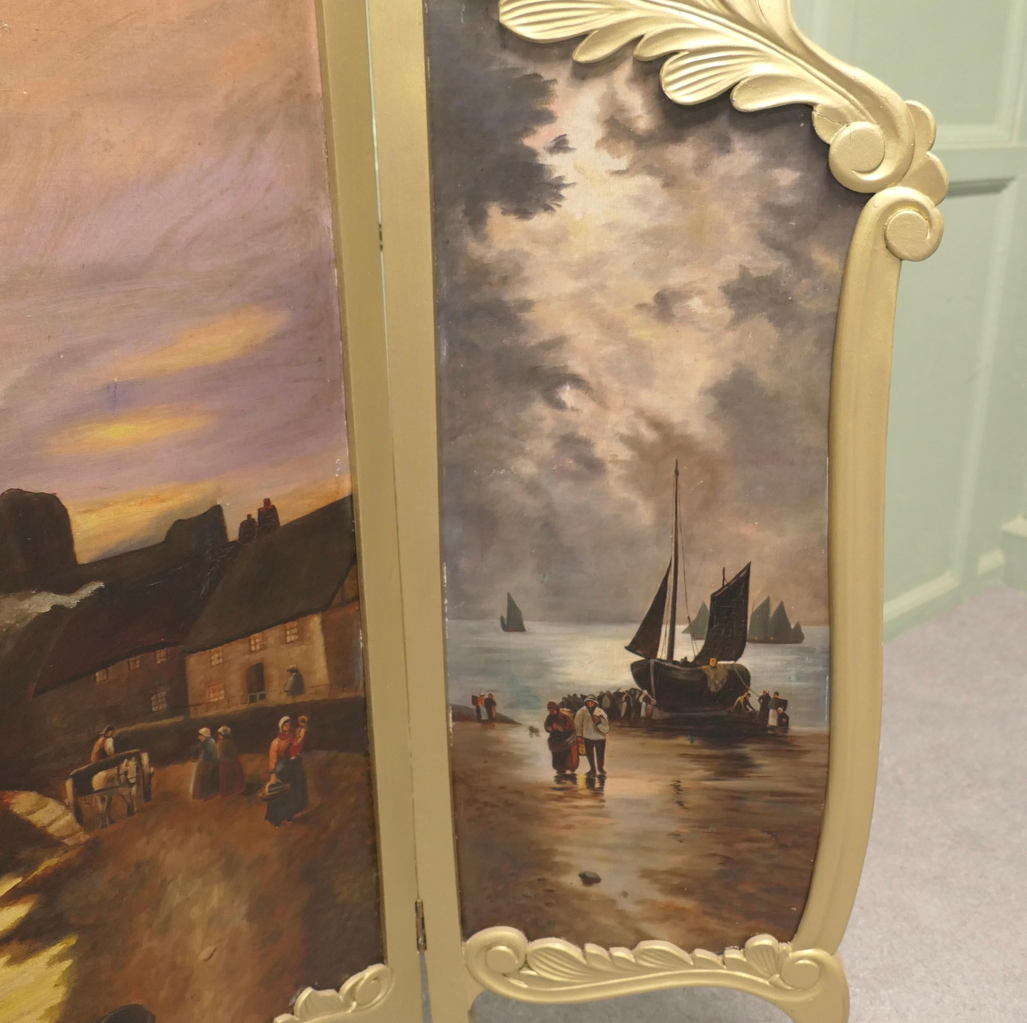 Pittura Paravento a 3 pieghe dipinto, molto insolito, parafuoco dorato in vendita