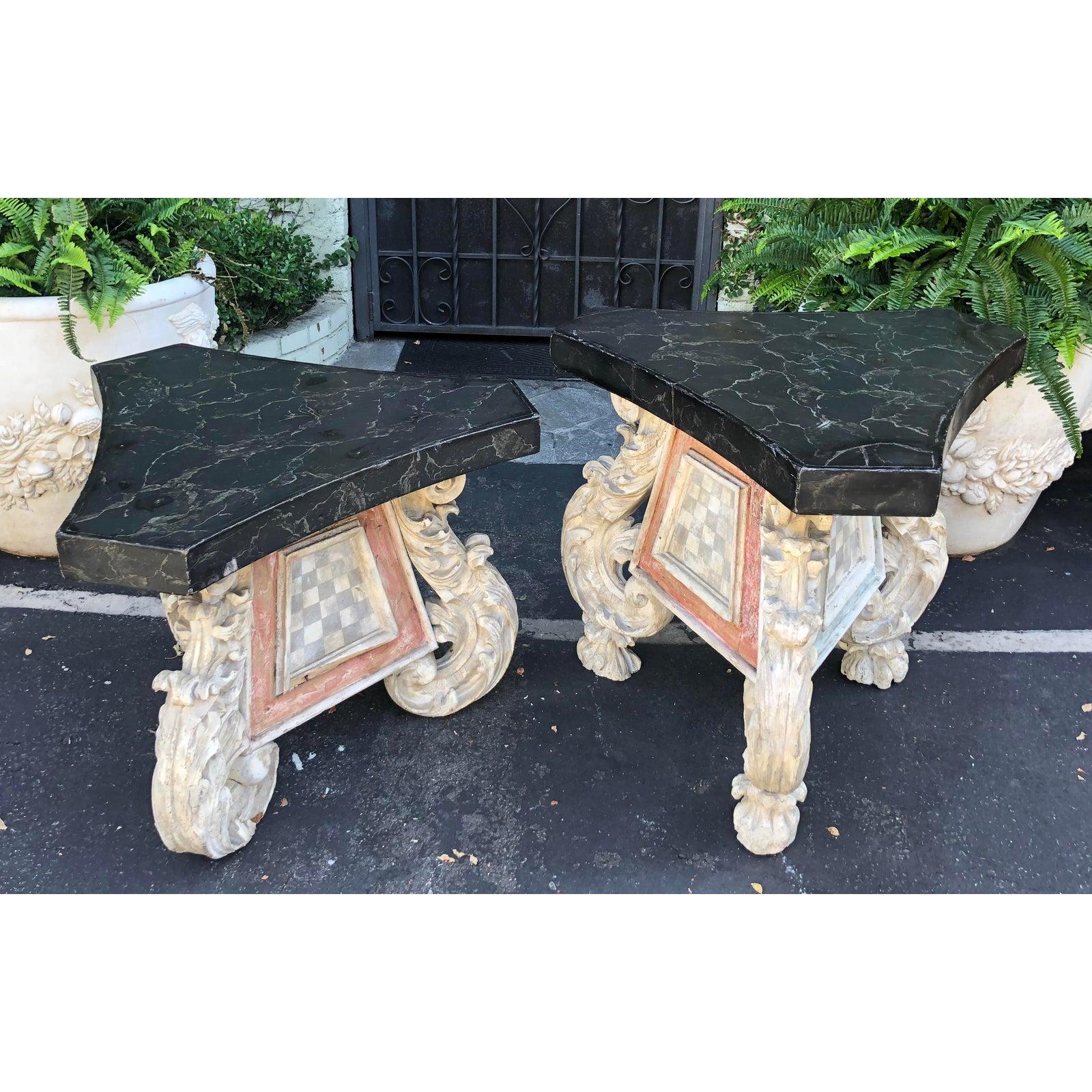 Very unusual associated pair of antique 18th century carved Venetian table. Similar but different:
The taller table is 26.5