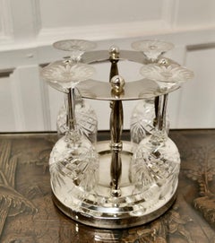 Very Unusual Silver Plated Wine Coaster with Crystal Glasses