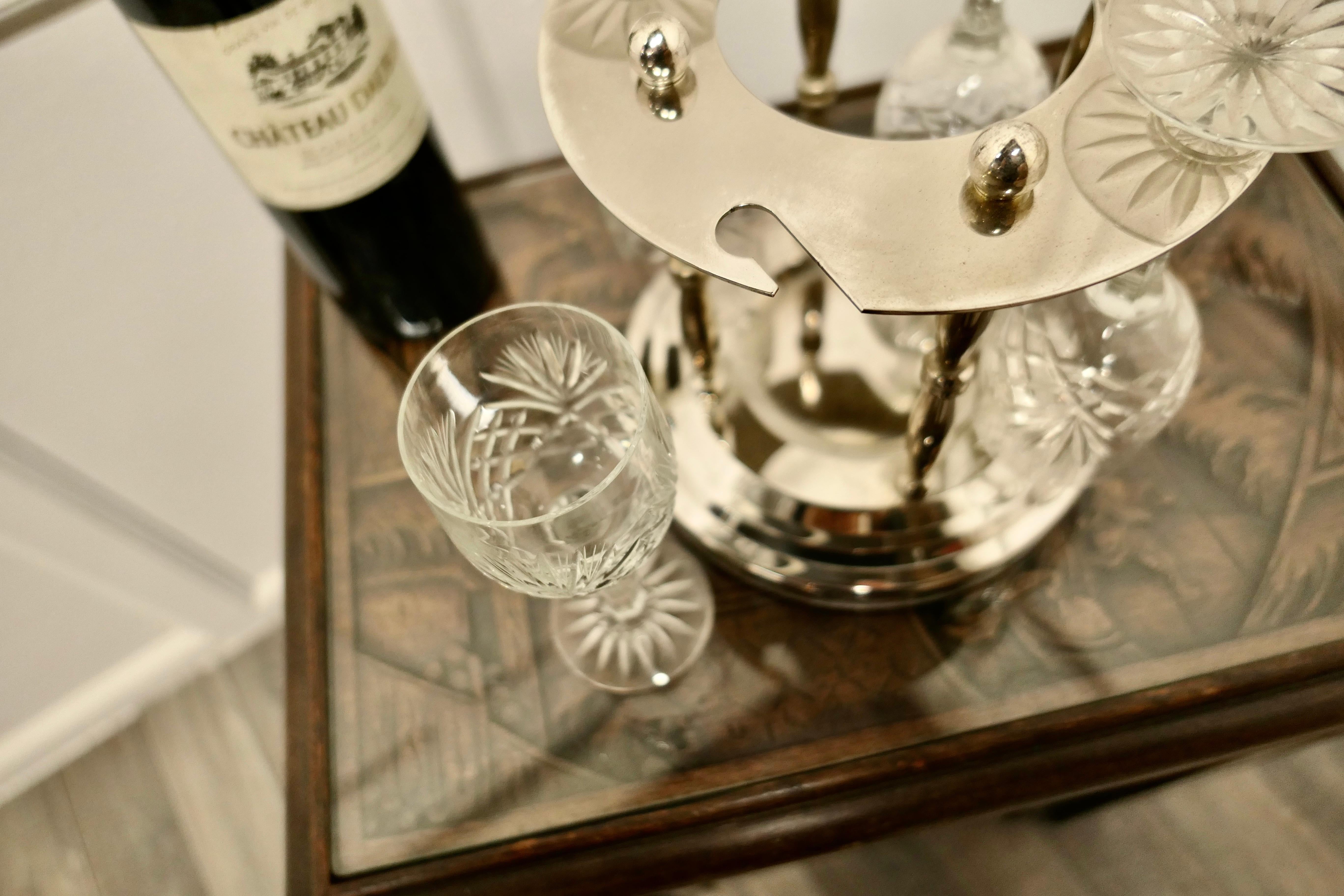 20th Century Very Unusual Silver Plated Wine Coaster with Crystal Glasses For Sale